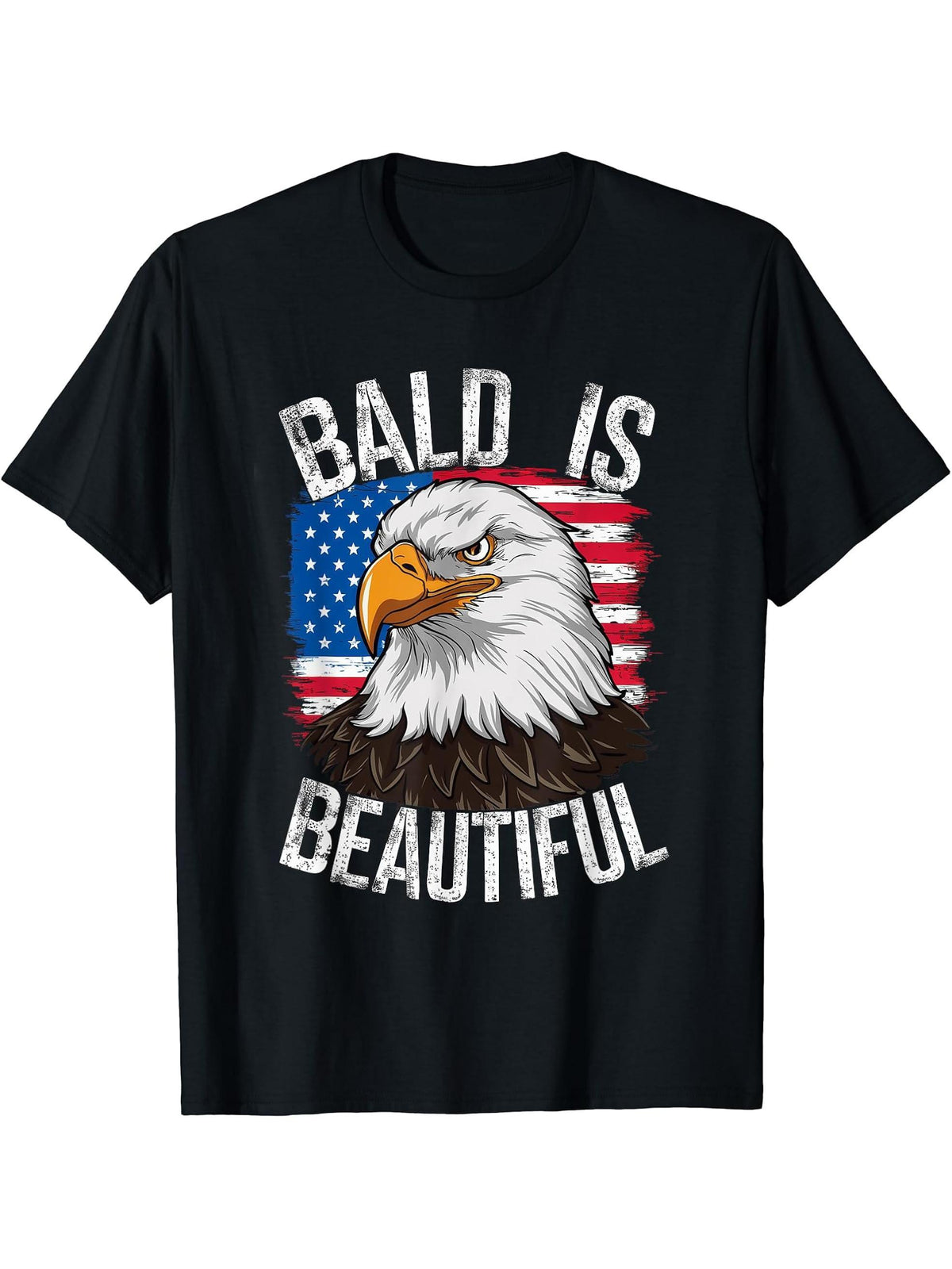 Bald Is Beautiful Independence Day Bald Eagle 4th of July T-Shirt 180G 100% Cotton Printed Round Neck Short-Sleeve T-Shirt, Gifts for Men Dad Husband Grandpa, S-XXXL, Black