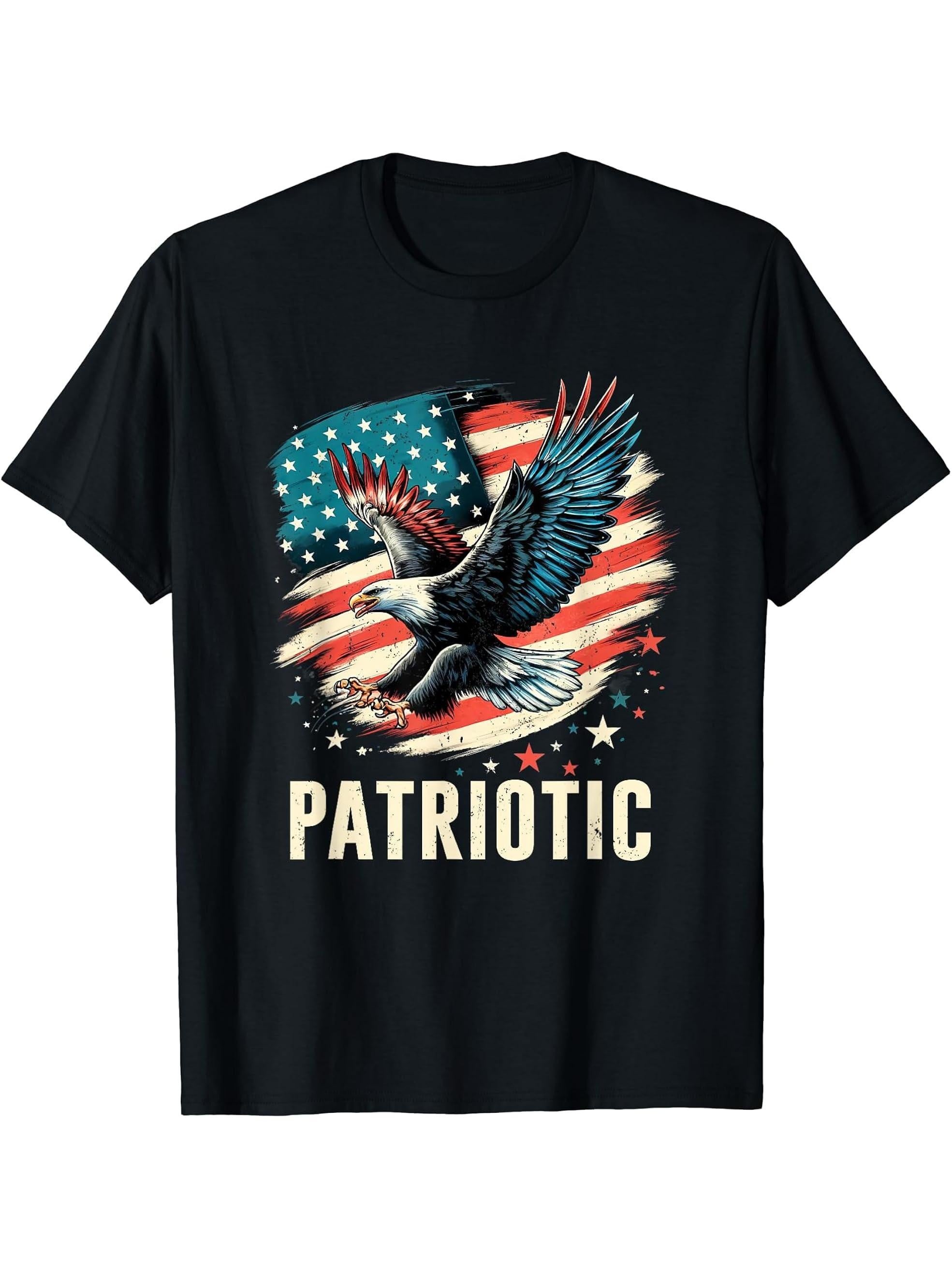 Bald Eagle Proud Patriotic American USA Flag 4th Of July T-Shirt 180G 100% Cotton Printed Round Neck Short-Sleeve T-Shirt, Gifts for Men Dad Husband Grandpa, S-XXXL, Black