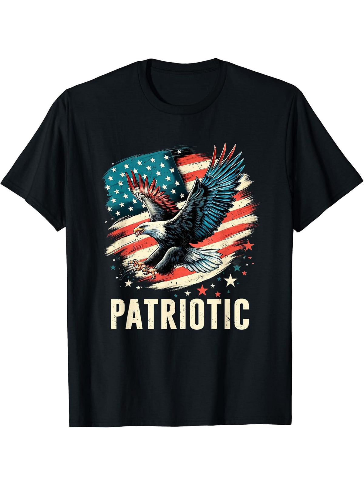 Bald Eagle Proud Patriotic American USA Flag 4th Of July T-Shirt 180G 100% Cotton Printed Round Neck Short-Sleeve T-Shirt, Gifts for Men Dad Husband Grandpa, S-XXXL, Black