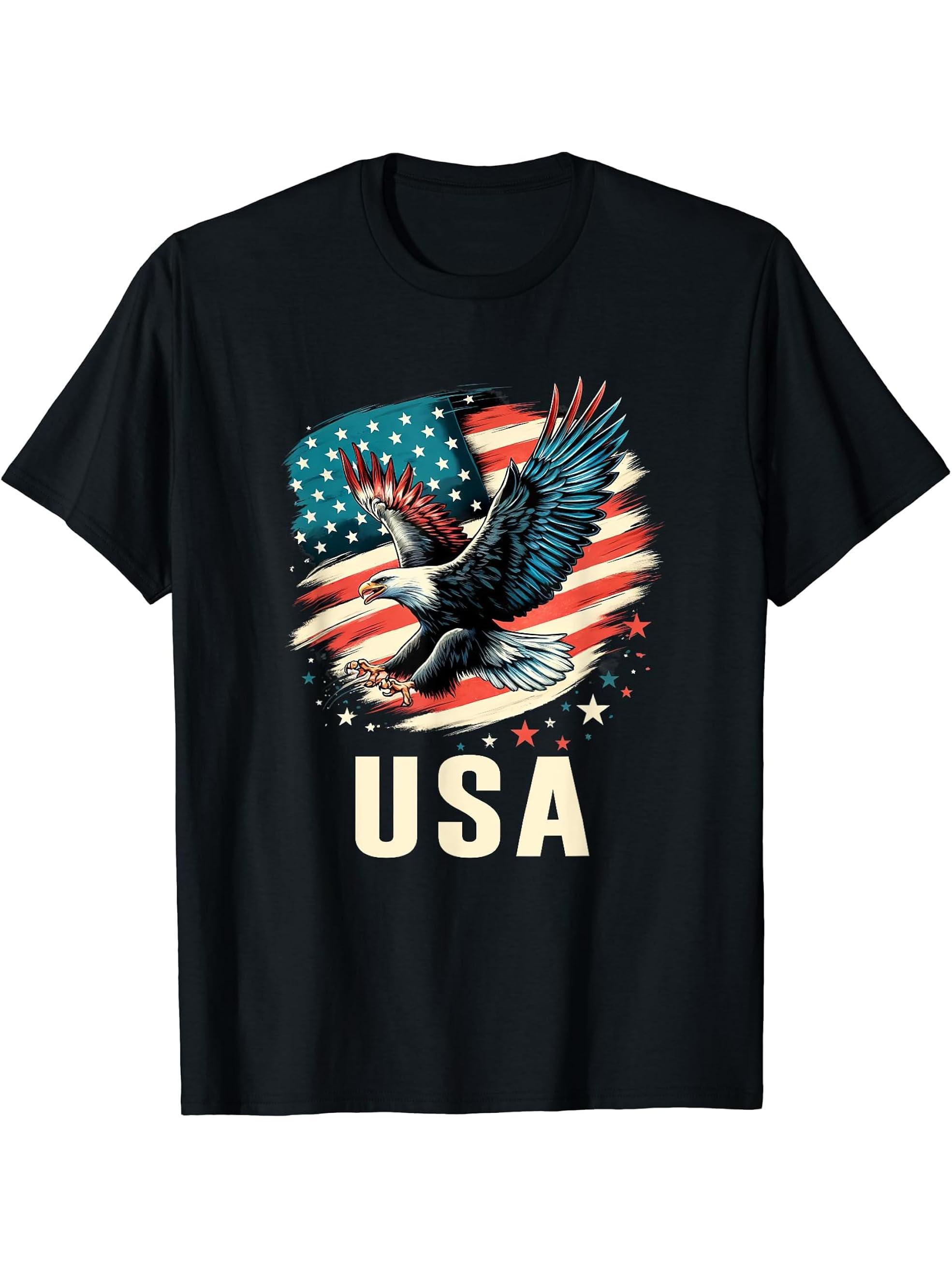 Bald Eagle USA American Flag 4th Of July Proud Patriotic T-Shirt 180G 100% Cotton Printed Round Neck Short-Sleeve T-Shirt, Gifts for Men Dad Husband Grandpa, S-XXXL, Black