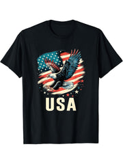 Bald Eagle USA American Flag 4th Of July Proud Patriotic T-Shirt 180G 100% Cotton Printed Round Neck Short-Sleeve T-Shirt, Gifts for Men Dad Husband Grandpa, S-XXXL, Black