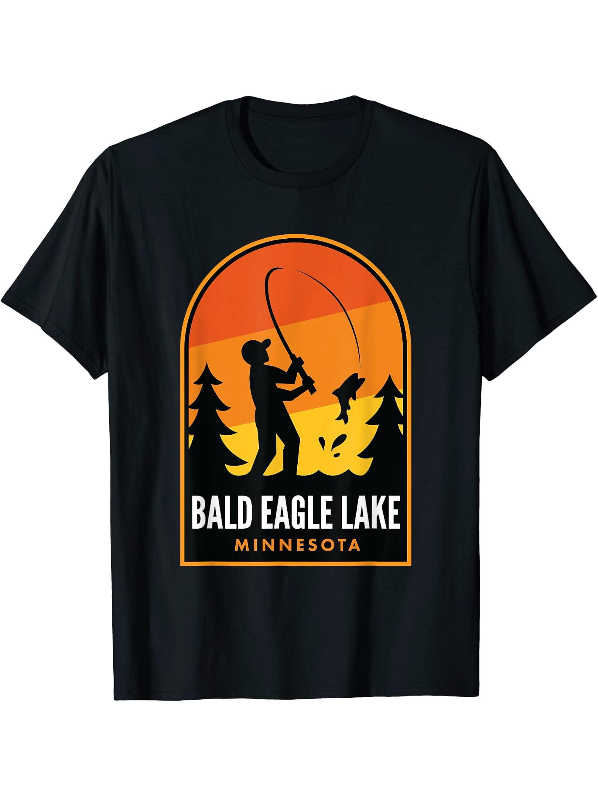 Bald Eagle Lake Minnesota Fishing T-Shirt 180G 100% Cotton Printed Round Neck Short-Sleeve T-Shirt, Gifts for Men Dad Husband Grandpa, S-XXXL, Black