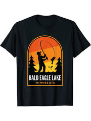 Bald Eagle Lake Minnesota Fishing T-Shirt 180G 100% Cotton Printed Round Neck Short-Sleeve T-Shirt, Gifts for Men Dad Husband Grandpa, S-XXXL, Black