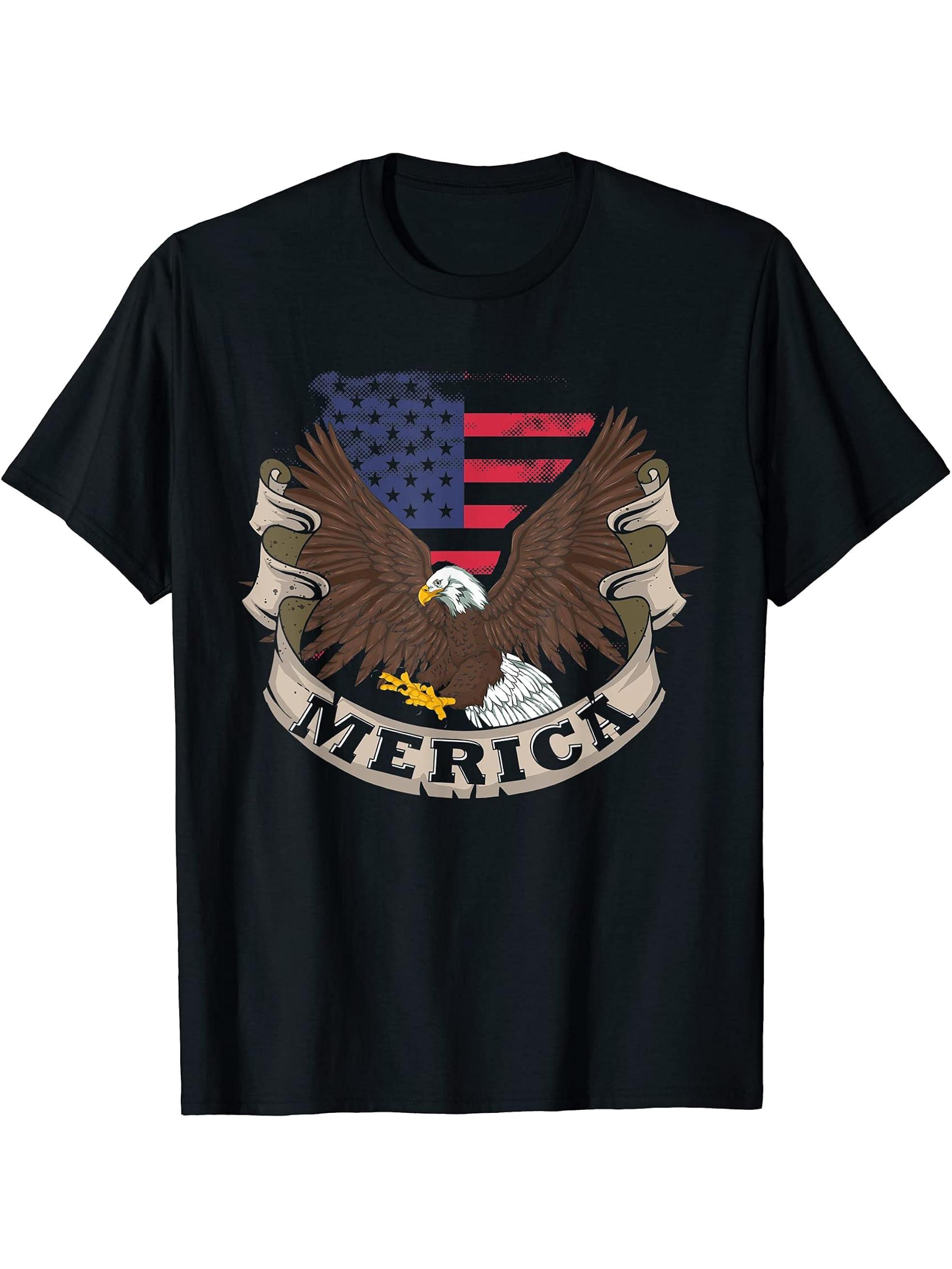 Merica US Flag Liberty 4th Of July Proud American Bald Eagle T-Shirt 180G 100% Cotton Printed Round Neck Short-Sleeve T-Shirt, Gifts for Men Dad Husband Grandpa, S-XXXL, Black