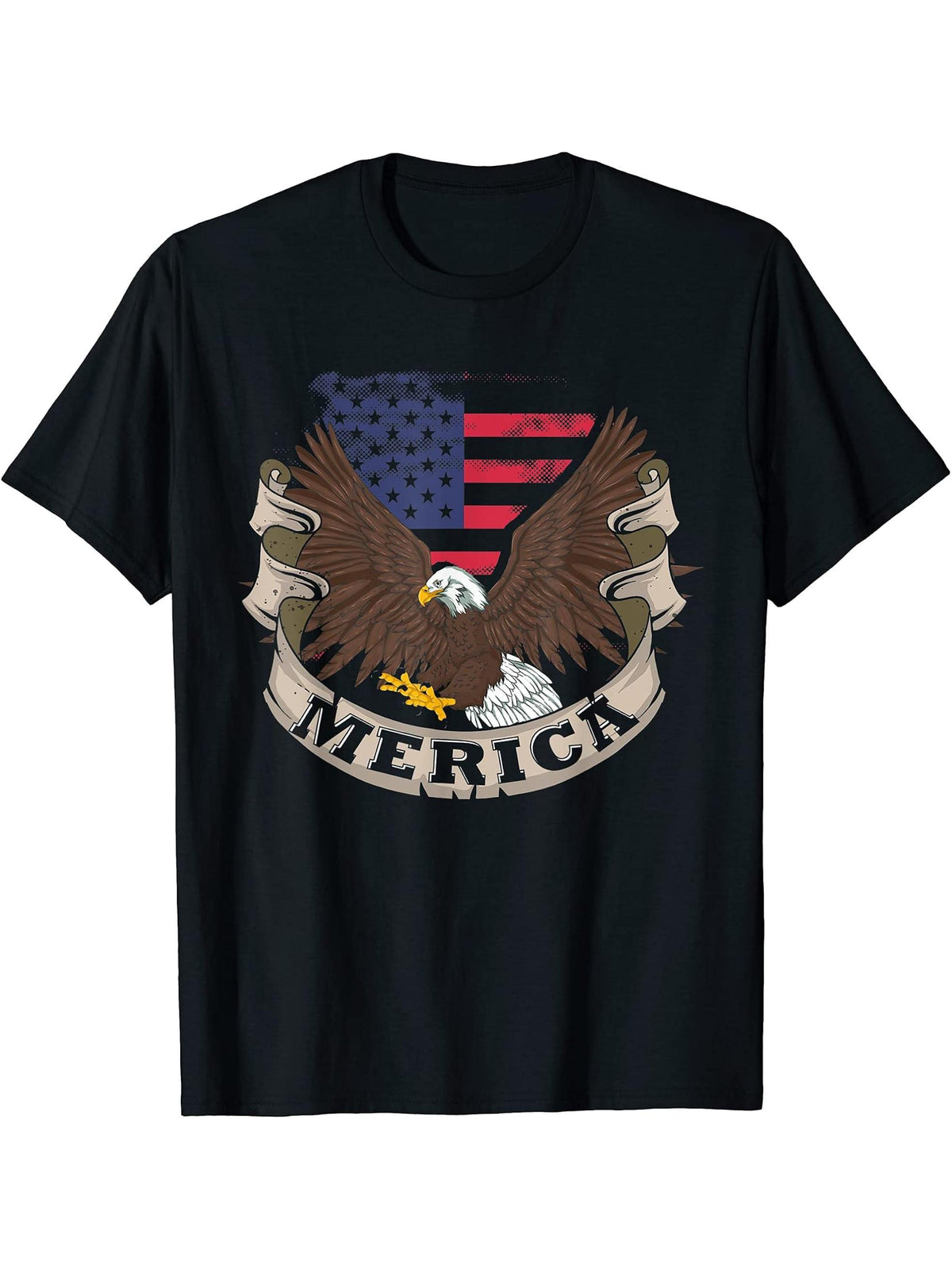 Merica US Flag Liberty 4th Of July Proud American Bald Eagle T-Shirt 180G 100% Cotton Printed Round Neck Short-Sleeve T-Shirt, Gifts for Men Dad Husband Grandpa, S-XXXL, Black