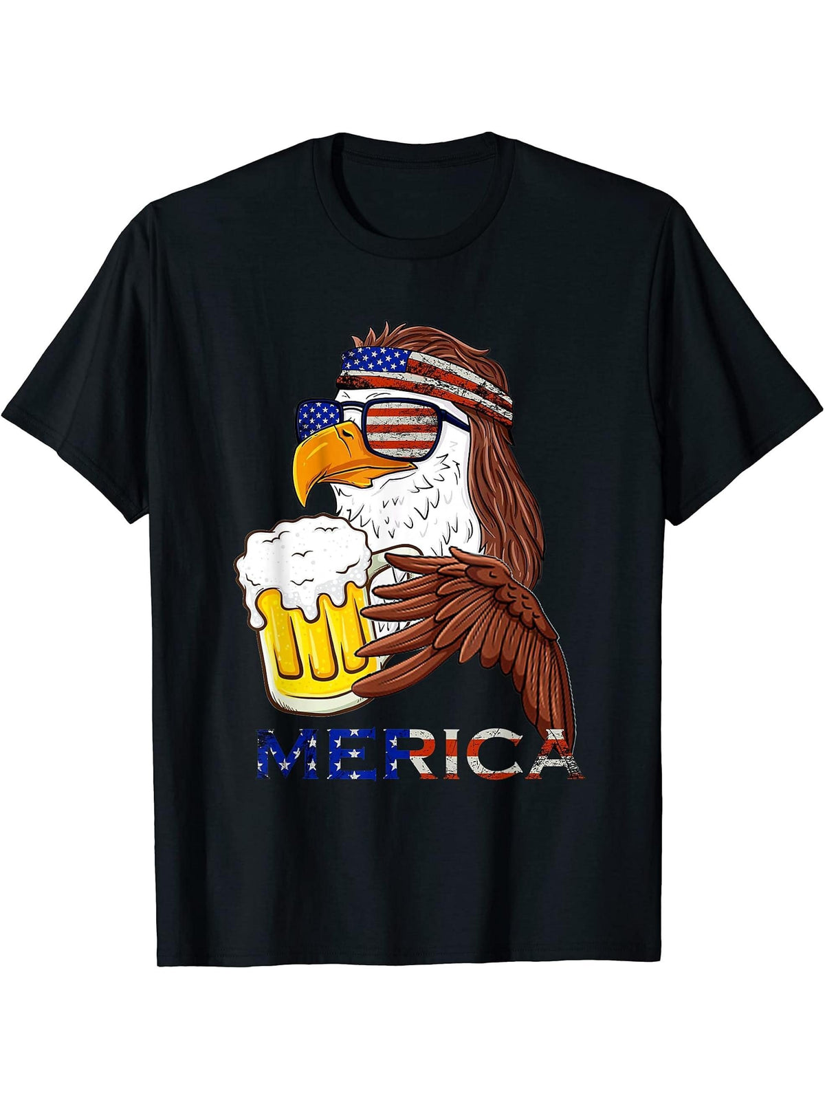 American Bald Eagle Mullet Graffiti 4th Of July Patriotic T-Shirt 180G 100% Cotton Printed Round Neck Short-Sleeve T-Shirt, Gifts for Men Dad Husband Grandpa, S-XXXL, Black