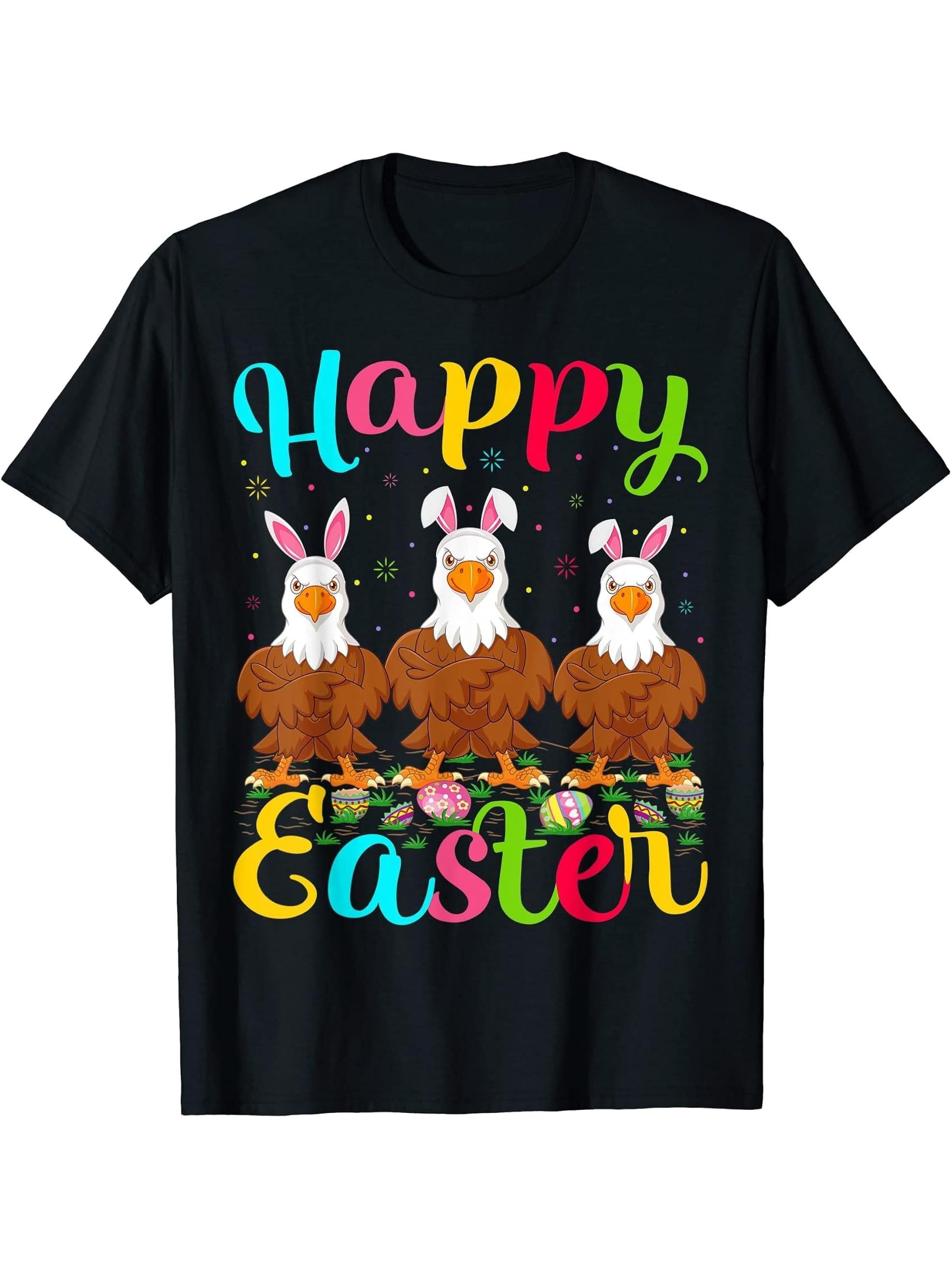 Eagle Bird Lover Easter Egg Bunny Bald Eagle Happy Easter T-Shirt 180G 100% Cotton Printed Round Neck Short-Sleeve T-Shirt, Gifts for Men Dad Husband Grandpa, S-XXXL, Black