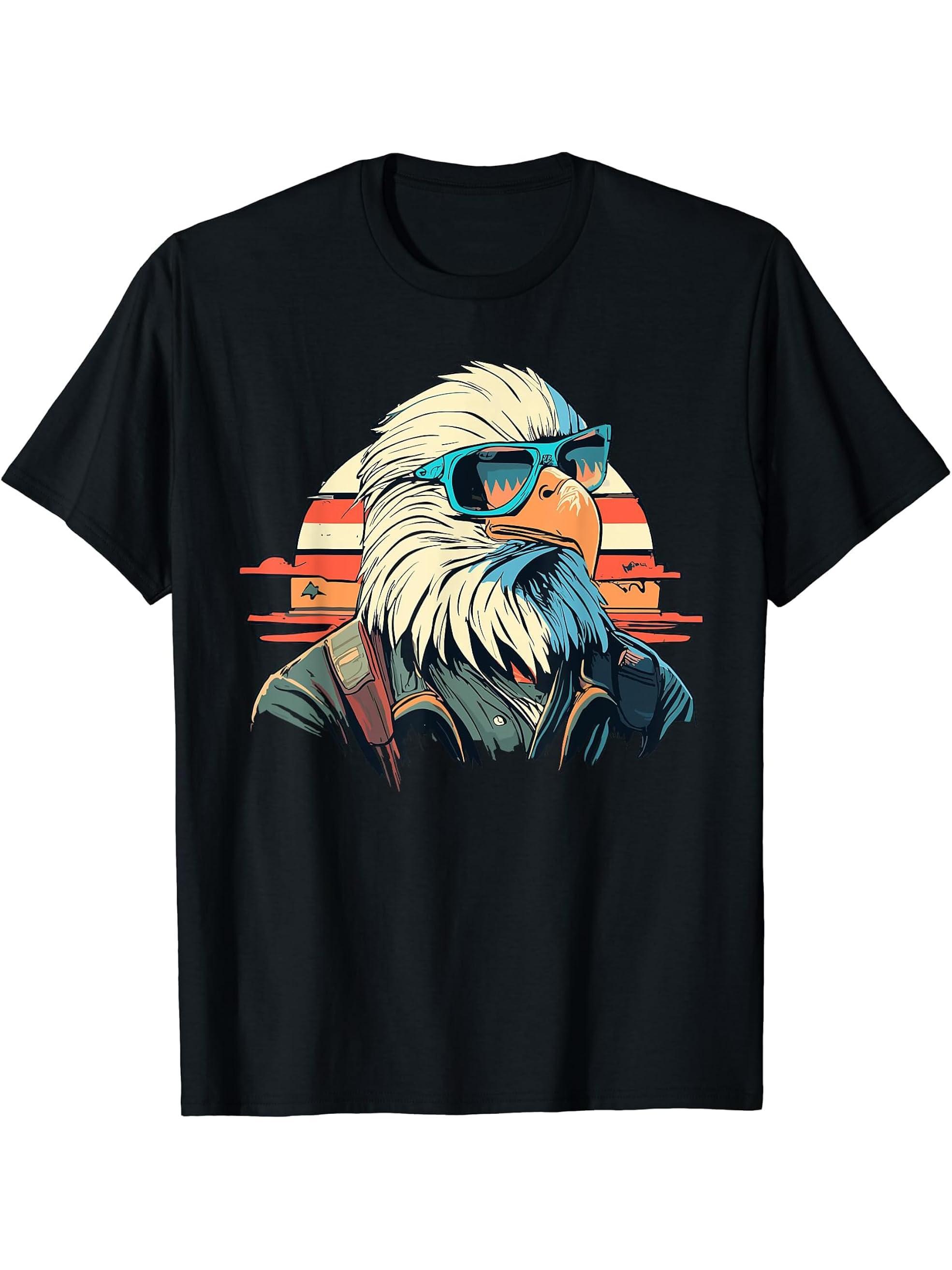 Vintage Eagle with Sunglasses - Retro American Bald Eagle T-Shirt 180G 100% Cotton Printed Round Neck Short-Sleeve T-Shirt, Gifts for Men Dad Husband Grandpa, S-XXXL, Black