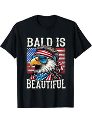 Bald Is Beautiful 4th of July Independence Day Bald Eagle T-Shirt 180G 100% Cotton Printed Round Neck Short-Sleeve T-Shirt, Gifts for Men Dad Husband Grandpa, S-XXXL, Black