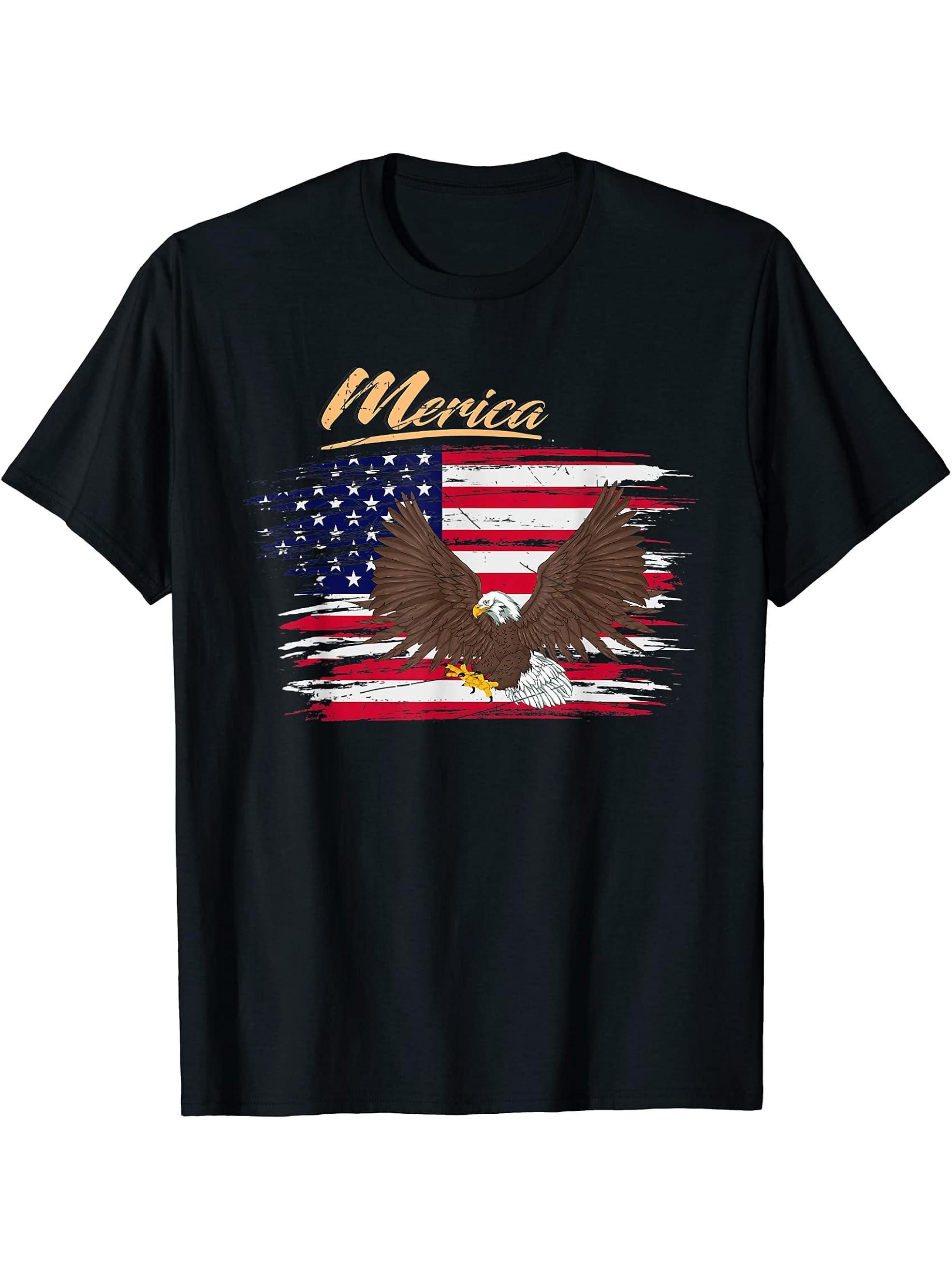 Merica Patriotic USA Flag Liberty American Bald Eagle T-Shirt 180G 100% Cotton Printed Round Neck Short-Sleeve T-Shirt, Gifts for Men Dad Husband Grandpa, S-XXXL, Black