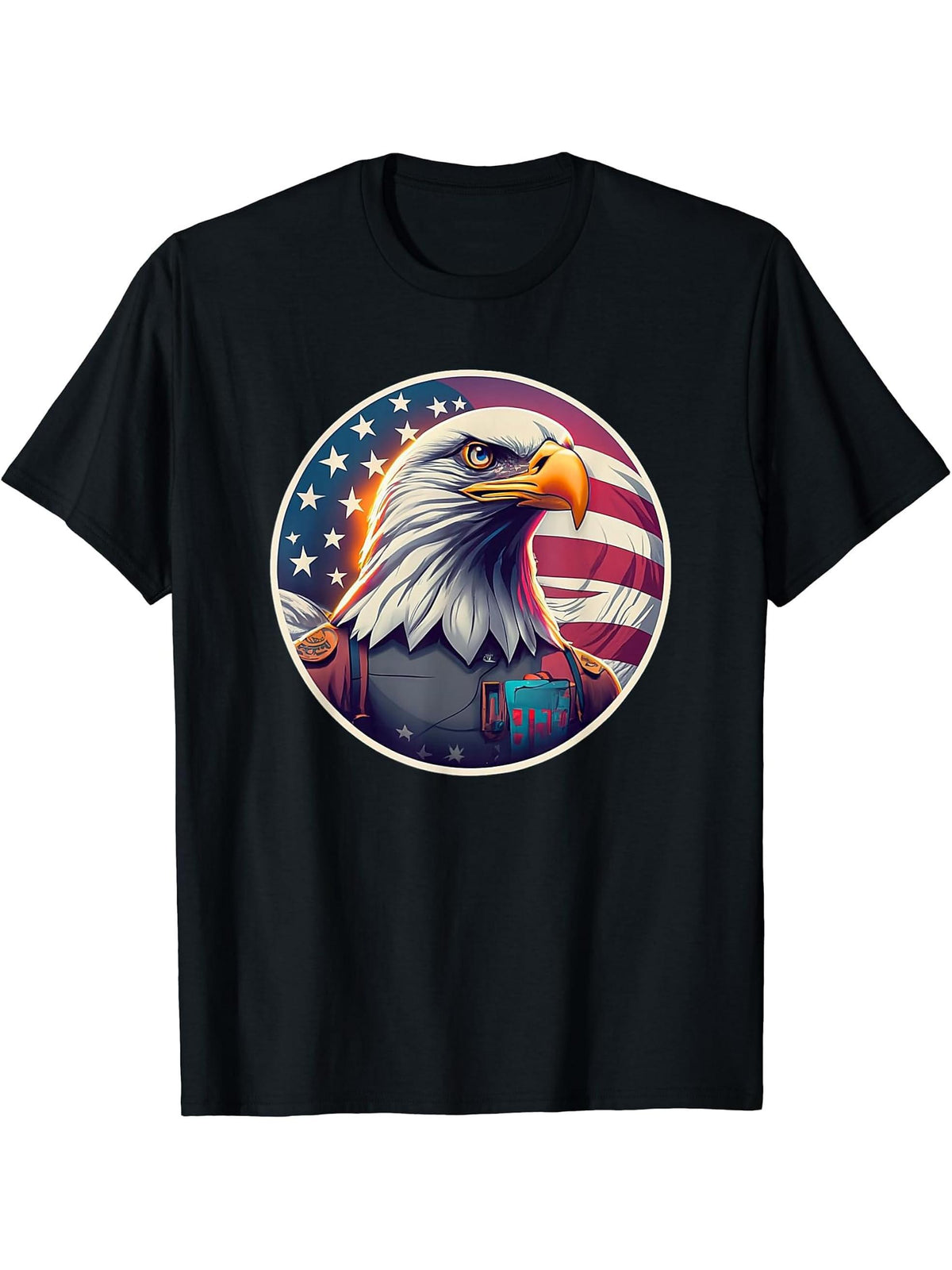 American Patriot Freedom Bald Eagle USA Flag T-Shirt 180G 100% Cotton Printed Round Neck Short-Sleeve T-Shirt, Gifts for Men Dad Husband Grandpa, S-XXXL, Black