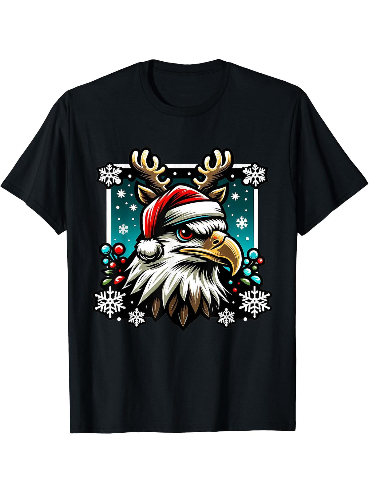 Christmas Bald Eagle Reindeer T-Shirt 180G 100% Cotton Printed Round Neck Short-Sleeve T-Shirt, Gifts for Men Dad Husband Grandpa, S-XXXL, Black
