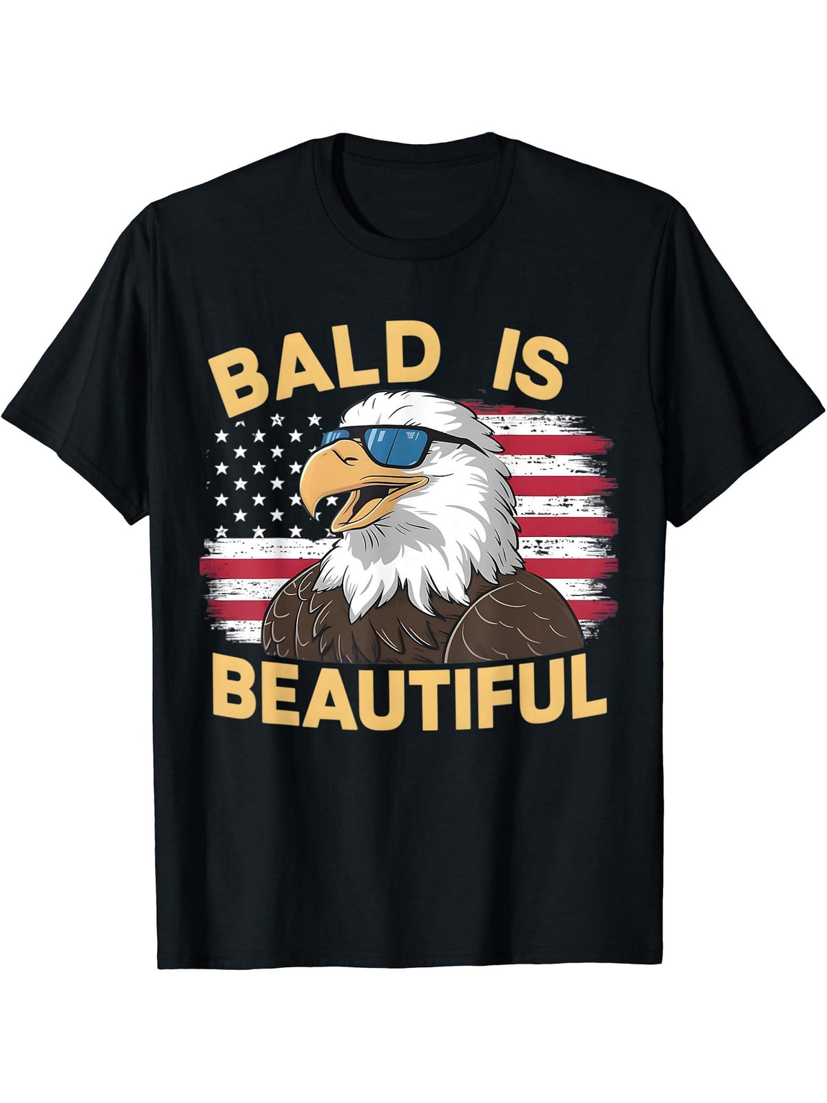 Bald Is Beautiful Cool Bald Eagle Dark Glasses 4th Of July T-Shirt 180G 100% Cotton Printed Round Neck Short-Sleeve T-Shirt, Gifts for Men Dad Husband Grandpa, S-XXXL, Black