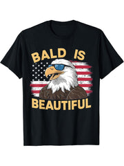 Bald Is Beautiful Cool Bald Eagle Dark Glasses 4th Of July T-Shirt 180G 100% Cotton Printed Round Neck Short-Sleeve T-Shirt, Gifts for Men Dad Husband Grandpa, S-XXXL, Black