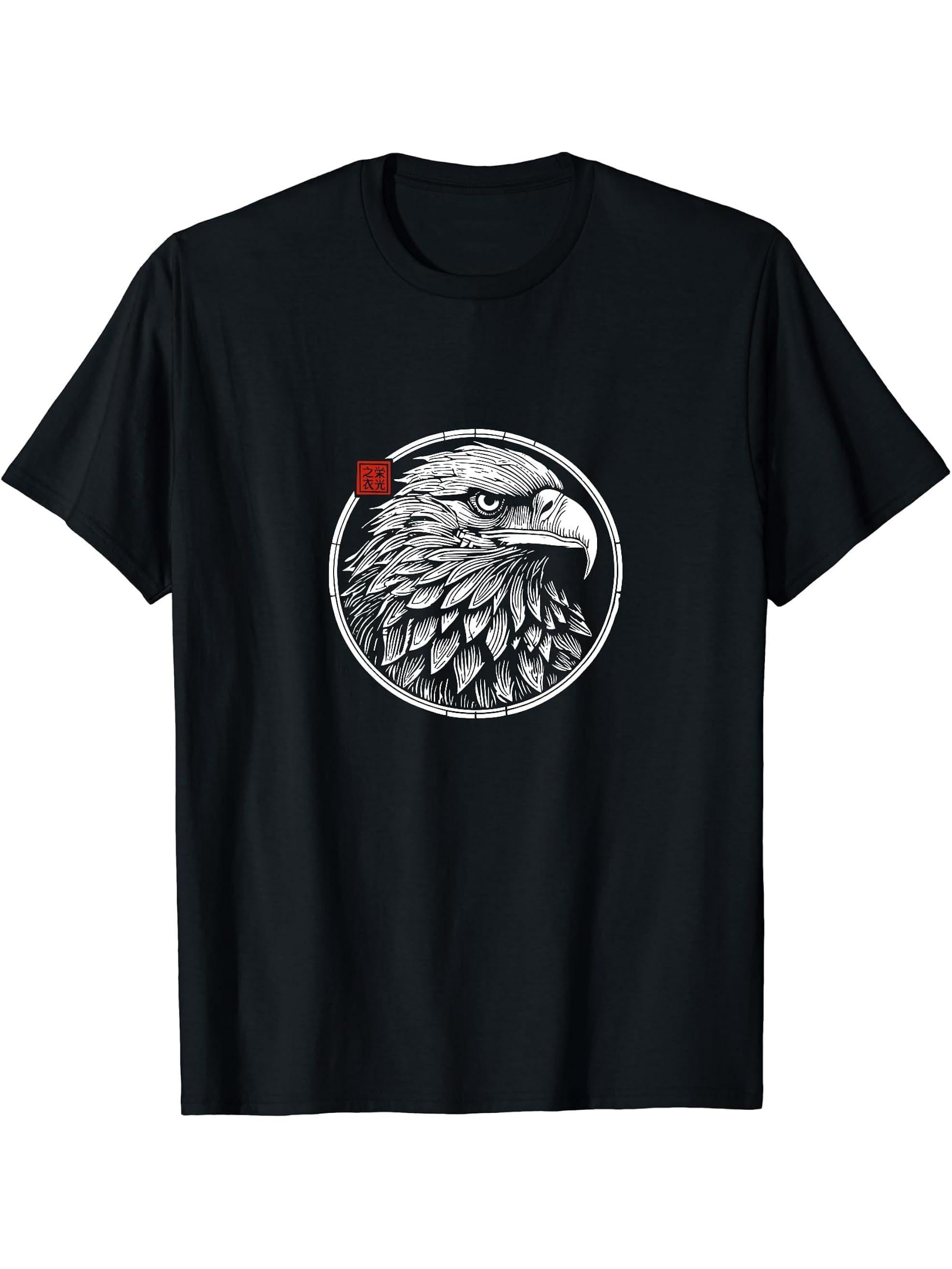 Majestic Bald Eagle - Woodcut Art - Celebrate Freedom T-Shirt 180G 100% Cotton Printed Round Neck Short-Sleeve T-Shirt, Gifts for Men Dad Husband Grandpa, S-XXXL, Black