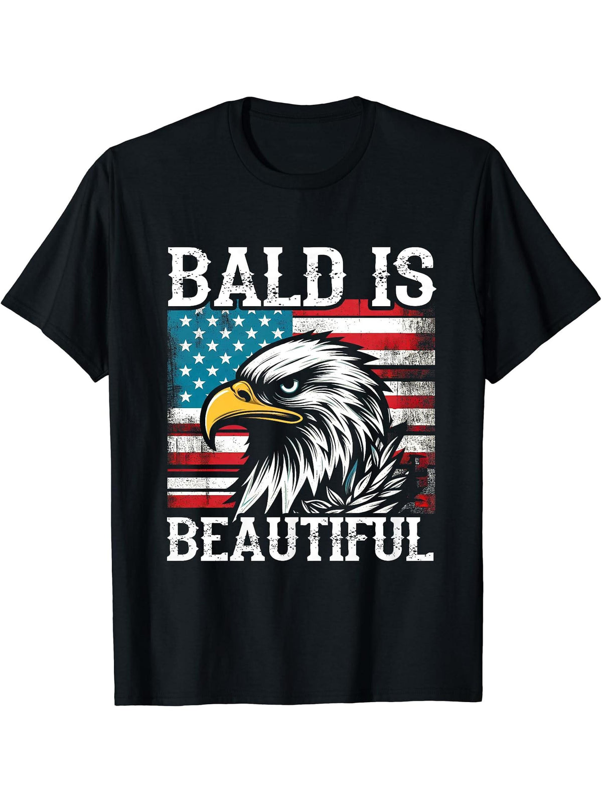 Bald Is Beautiful 4th of July Independence Day Bald Eagle T-Shirt 180G 100% Cotton Printed Round Neck Short-Sleeve T-Shirt, Gifts for Men Dad Husband Grandpa, S-XXXL, Black