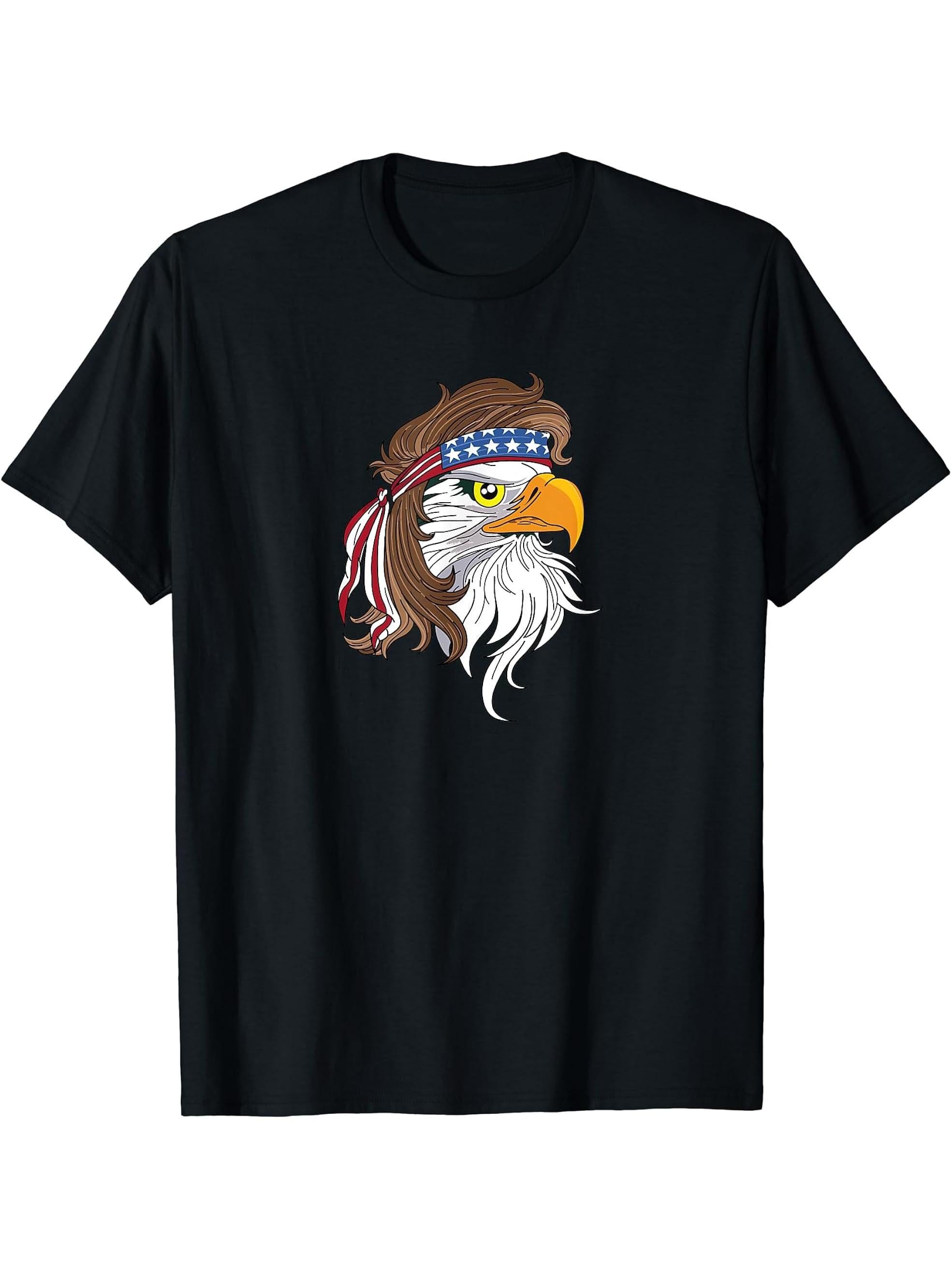 USA Bald Eagle Mullet T Shirt 180G 100% Cotton Printed Round Neck Short-Sleeve T-Shirt, Gifts for Men Dad Husband Grandpa, S-XXXL, Black