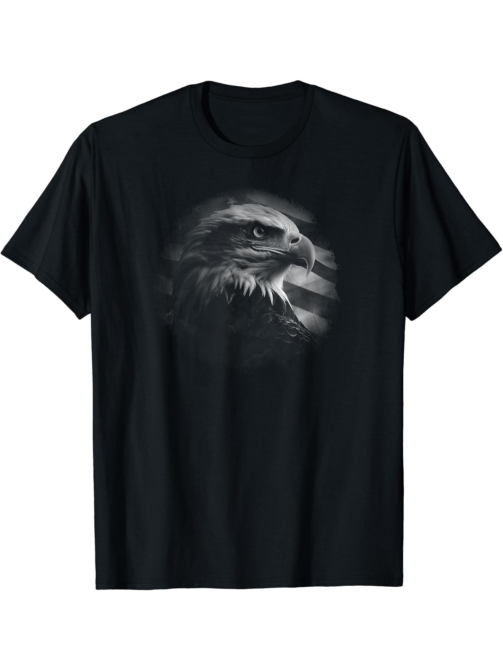 Bald Eagle American Flag Patriotic Freedom Liberty T-Shirt 180G 100% Cotton Printed Round Neck Short-Sleeve T-Shirt, Gifts for Men Dad Husband Grandpa, S-XXXL, Black