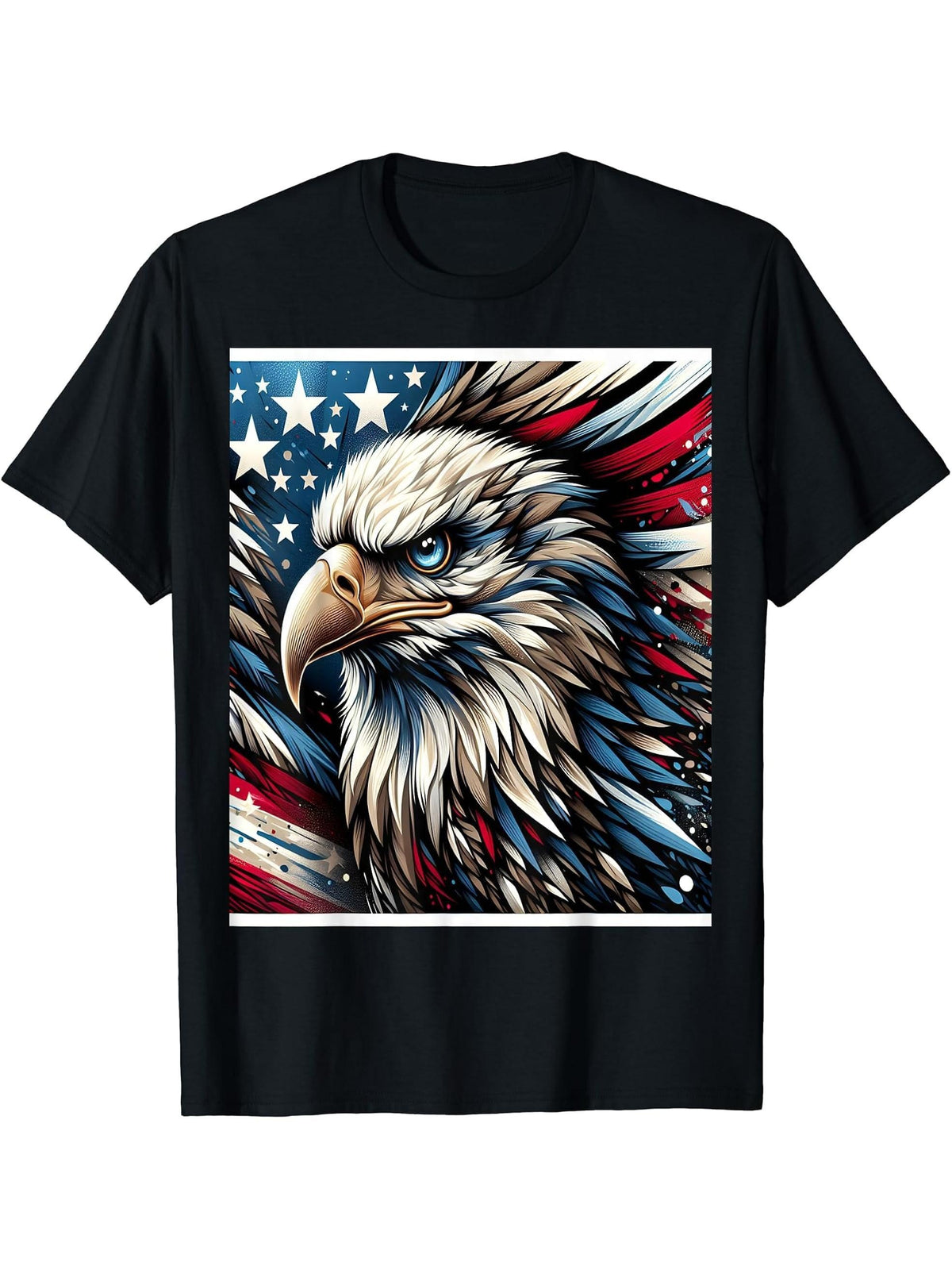 Bald Eagle Stars Stripes Background T-Shirt 180G 100% Cotton Printed Round Neck Short-Sleeve T-Shirt, Gifts for Men Dad Husband Grandpa, S-XXXL, Black