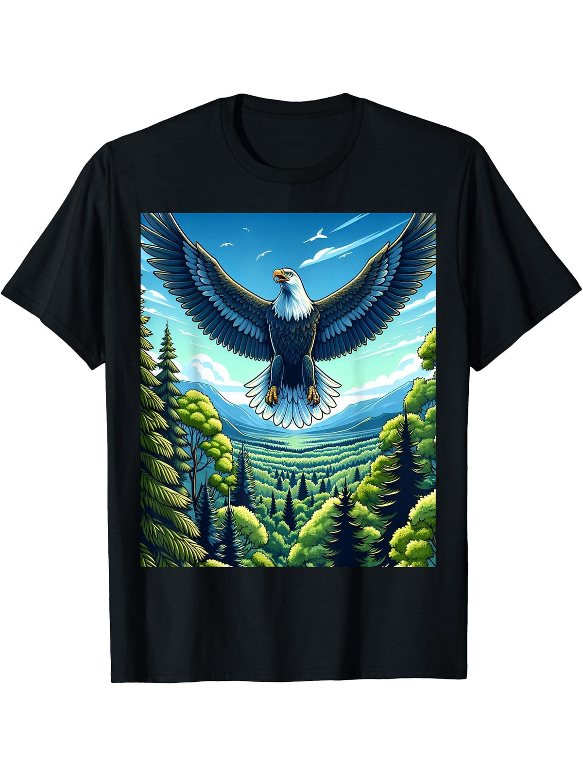 Majestic Bald Eagle Over Forest T-Shirt 180G 100% Cotton Printed Round Neck Short-Sleeve T-Shirt, Gifts for Men Dad Husband Grandpa, S-XXXL, Black