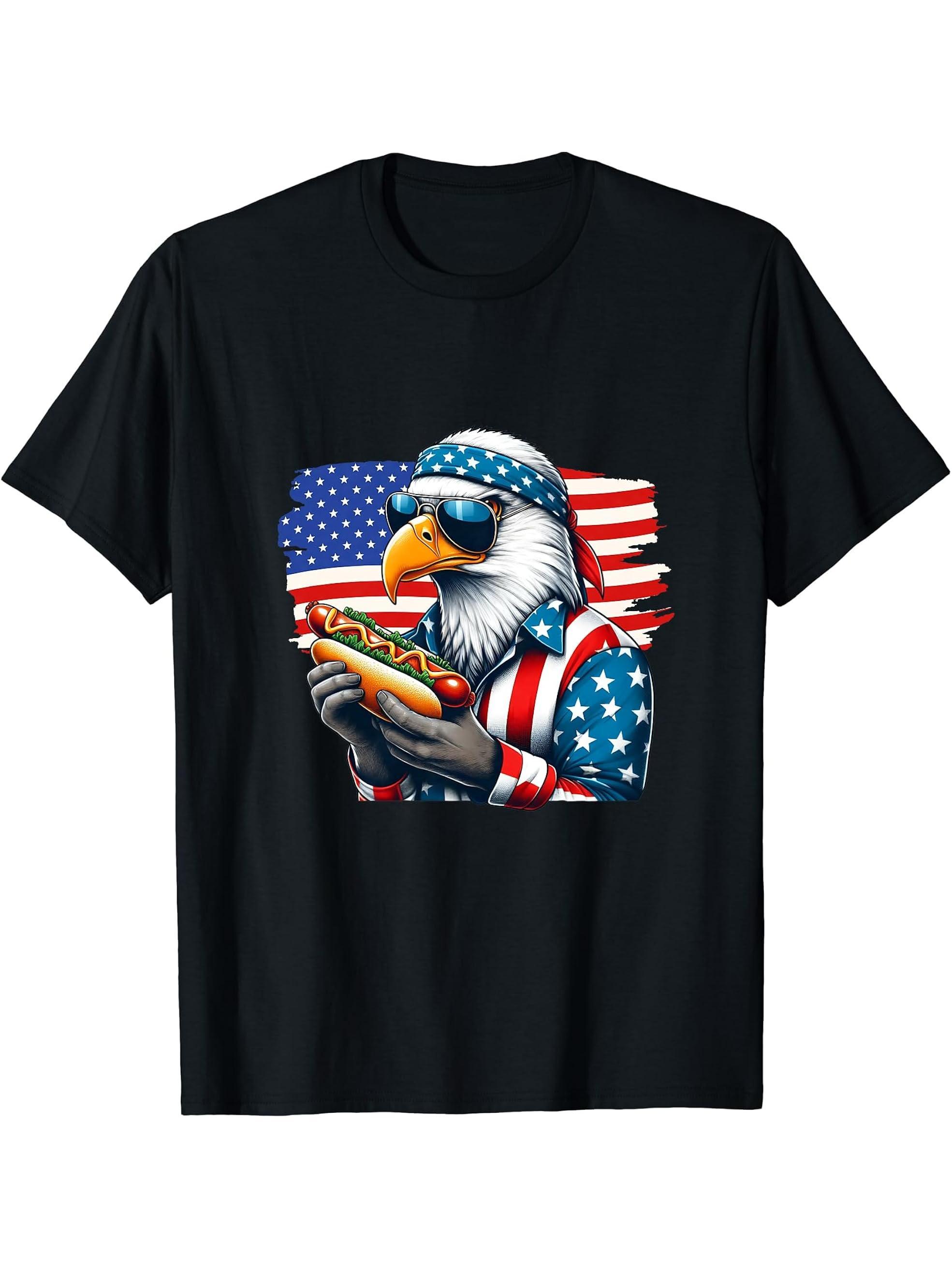 Funny Hotdog American Flag 4th Of July Patriotic Bald-Eagle T-Shirt 180G 100% Cotton Printed Round Neck Short-Sleeve T-Shirt, Gifts for Men Dad Husband Grandpa, S-XXXL, Black