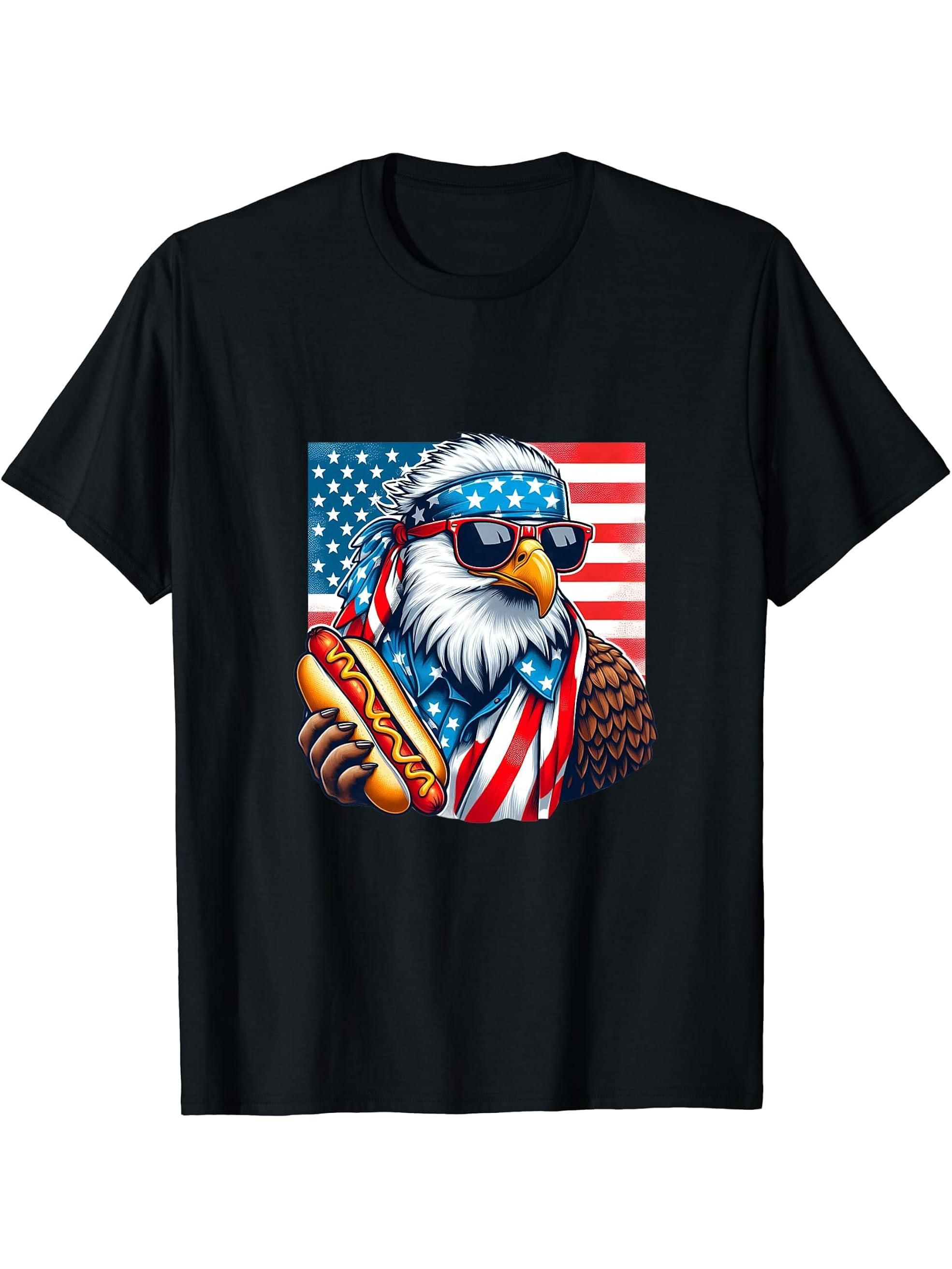 Funny Hotdog American Flag 4th Of July Patriotic Bald-Eagle T-Shirt 180G 100% Cotton Printed Round Neck Short-Sleeve T-Shirt, Gifts for Men Dad Husband Grandpa, S-XXXL, Black