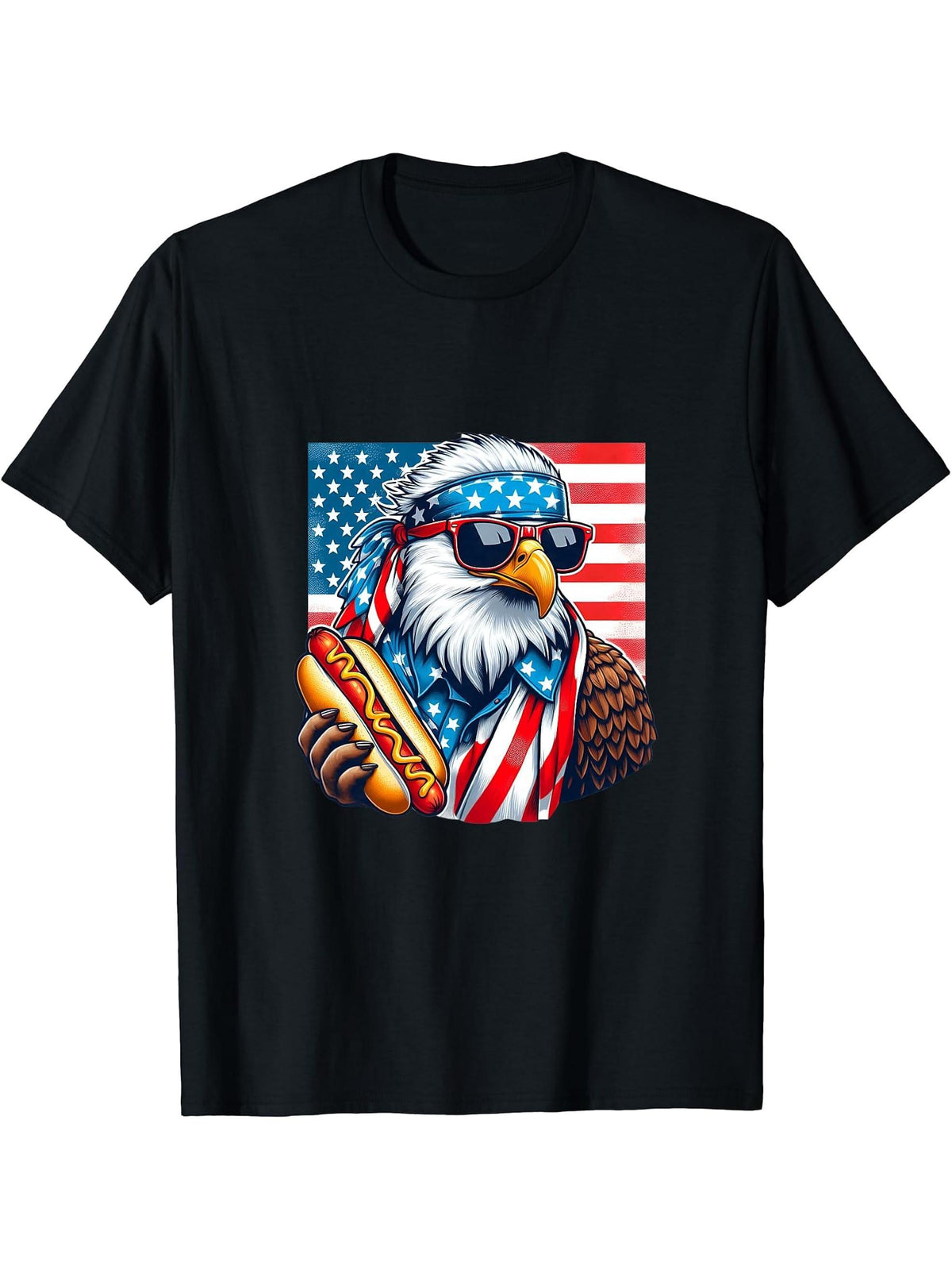 Funny Hotdog American Flag 4th Of July Patriotic Bald-Eagle T-Shirt 180G 100% Cotton Printed Round Neck Short-Sleeve T-Shirt, Gifts for Men Dad Husband Grandpa, S-XXXL, Black