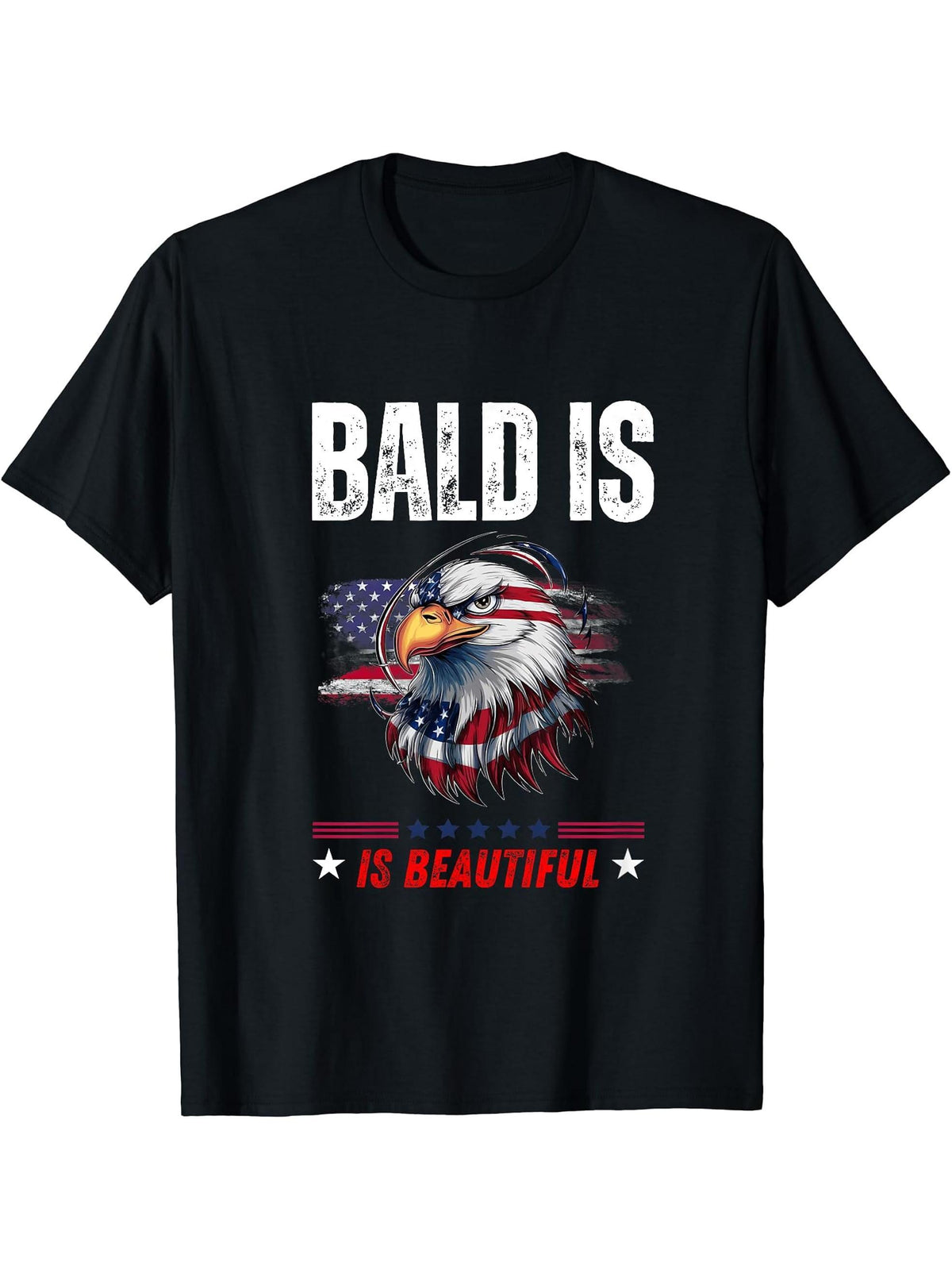 Bald Is Beautiful 4th of July Independence Day Bald Eagle T-Shirt 180G 100% Cotton Printed Round Neck Short-Sleeve T-Shirt, Gifts for Men Dad Husband Grandpa, S-XXXL, Black