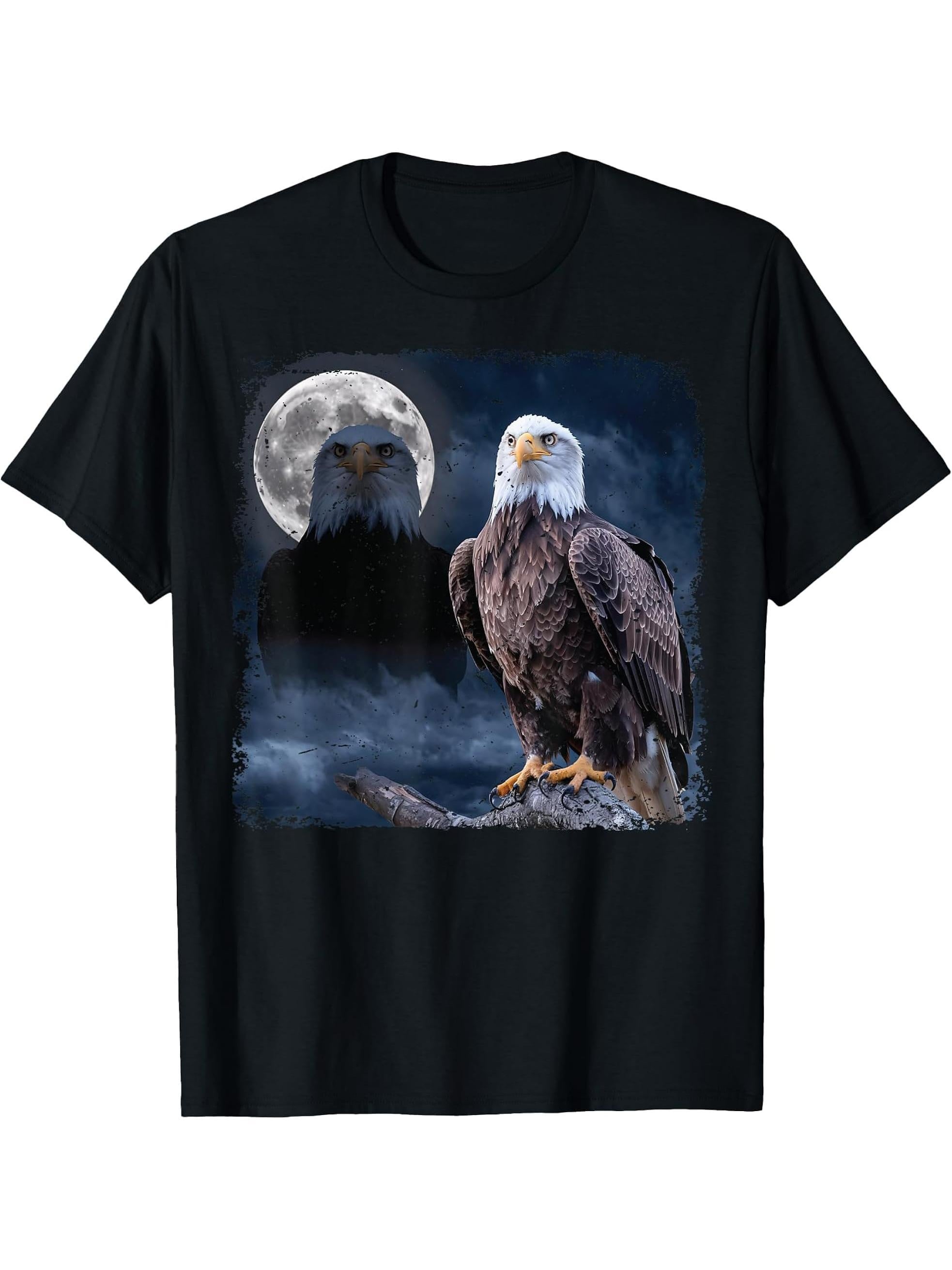 American Nature Bald Eagle Moon Sketch Wildlife T-Shirt 180G 100% Cotton Printed Round Neck Short-Sleeve T-Shirt, Gifts for Men Dad Husband Grandpa, S-XXXL, Black