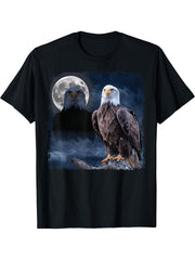 American Nature Bald Eagle Moon Sketch Wildlife T-Shirt 180G 100% Cotton Printed Round Neck Short-Sleeve T-Shirt, Gifts for Men Dad Husband Grandpa, S-XXXL, Black