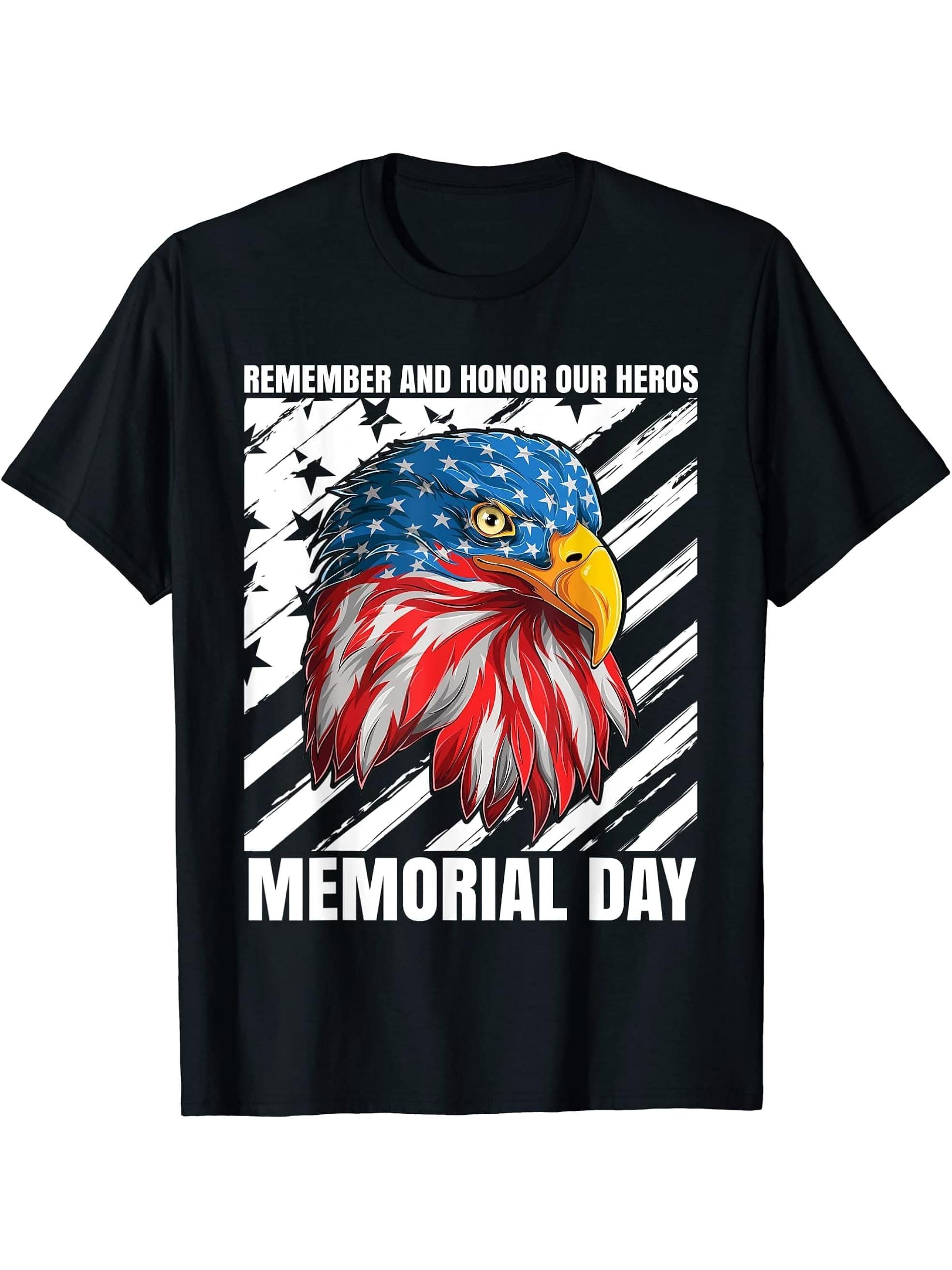 American Bald Eagle Memorial Day Honor Fallen Hero's T-Shirt 180G 100% Cotton Printed Round Neck Short-Sleeve T-Shirt, Gifts for Men Dad Husband Grandpa, S-XXXL, Black