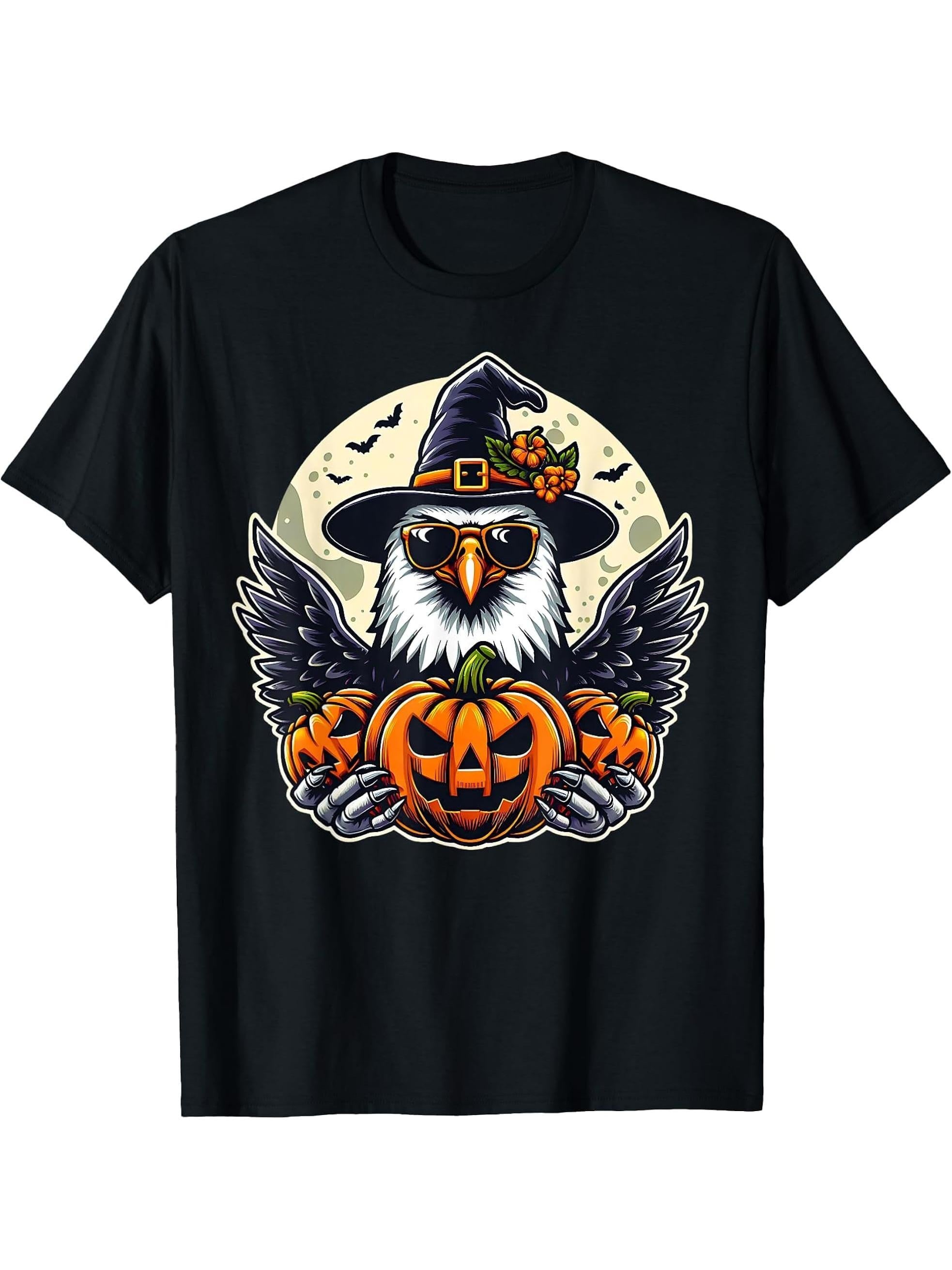 Funny Bald Eagle Witch Hat Halloween Pumpkin T-Shirt 180G 100% Cotton Printed Round Neck Short-Sleeve T-Shirt, Gifts for Men Dad Husband Grandpa, S-XXXL, Black