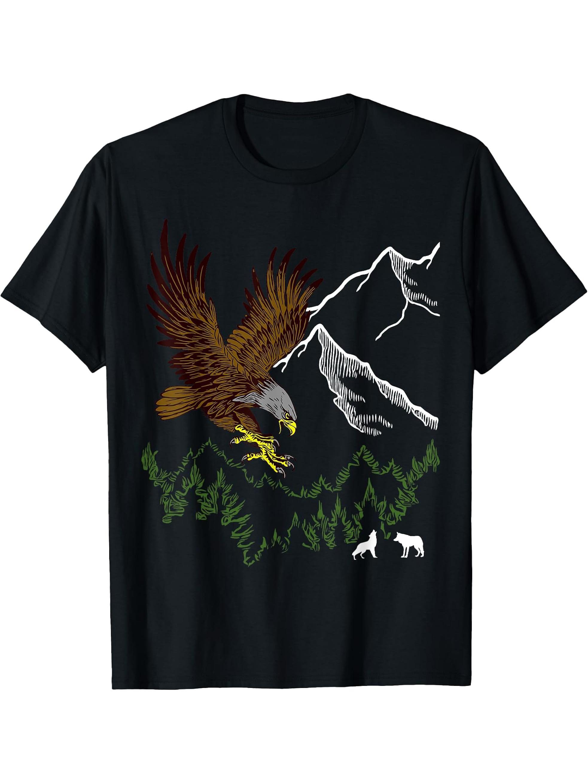 Mountain Forest tree Design Eagle Bird, Wolf Animal Graphic T-Shirt 180G 100% Cotton Printed Round Neck Short-Sleeve T-Shirt, Gifts for Men Dad Husband Grandpa, S-XXXL, Black
