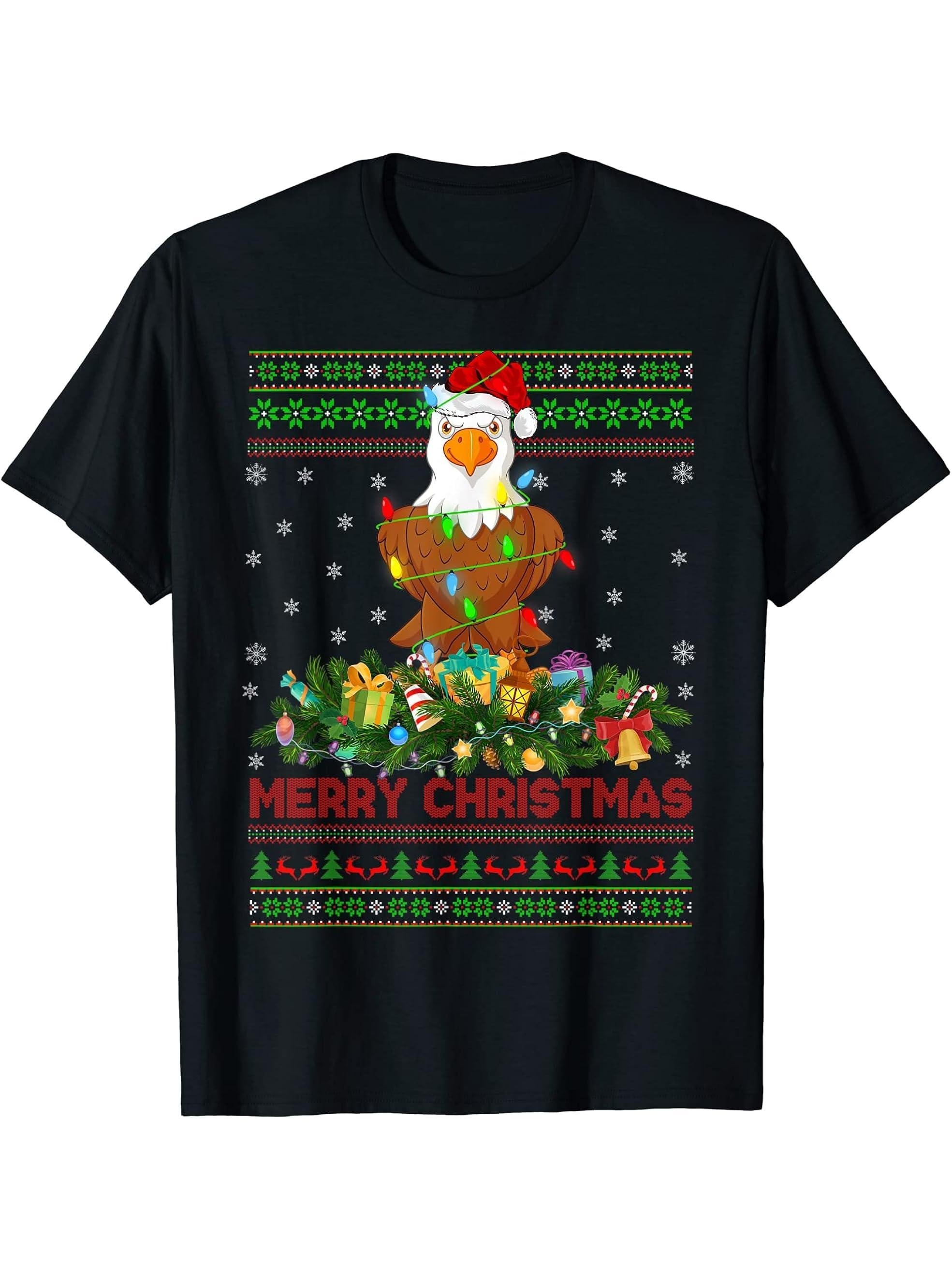 Funny Xmas Lighting Tree Santa Ugly Bald Eagle Christmas T-Shirt 180G 100% Cotton Printed Round Neck Short-Sleeve T-Shirt, Gifts for Men Dad Husband Grandpa, S-XXXL, Black