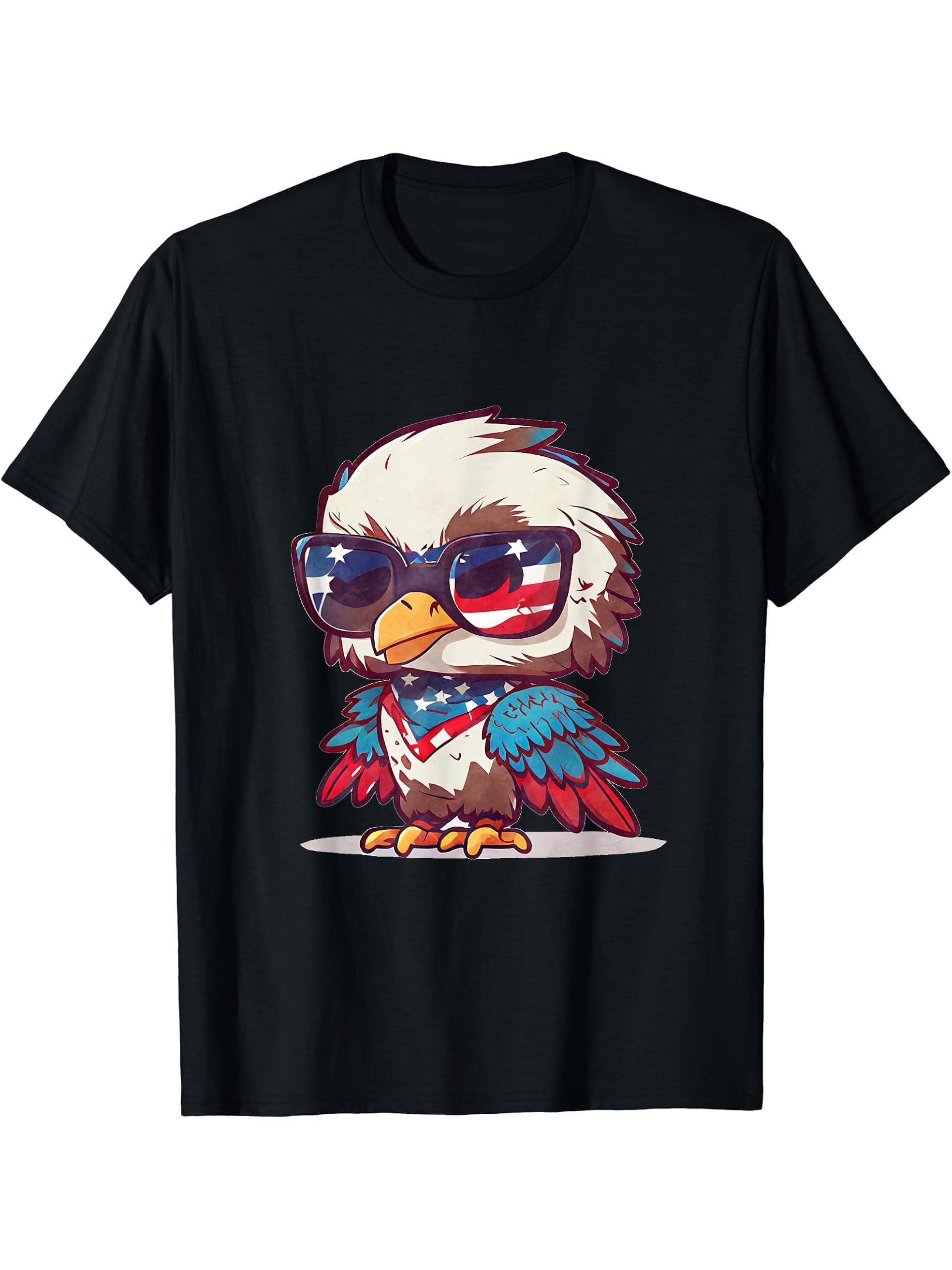Retro Patriotic USA Bald Eagle 4th of July T-Shirt 180G 100% Cotton Printed Round Neck Short-Sleeve T-Shirt, Gifts for Men Dad Husband Grandpa, S-XXXL, Black