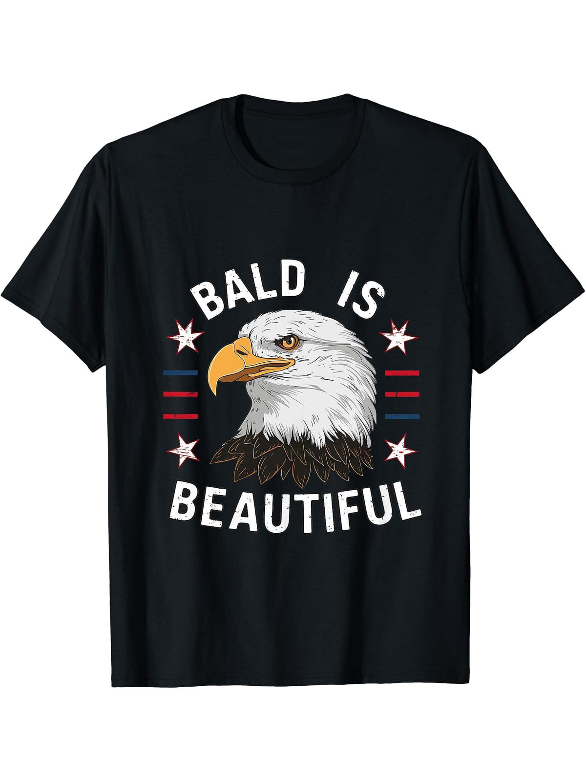 Bald Is Beautiful 4th of July Independence Day Bald Eagle T-Shirt 180G 100% Cotton Printed Round Neck Short-Sleeve T-Shirt, Gifts for Men Dad Husband Grandpa, S-XXXL, Black