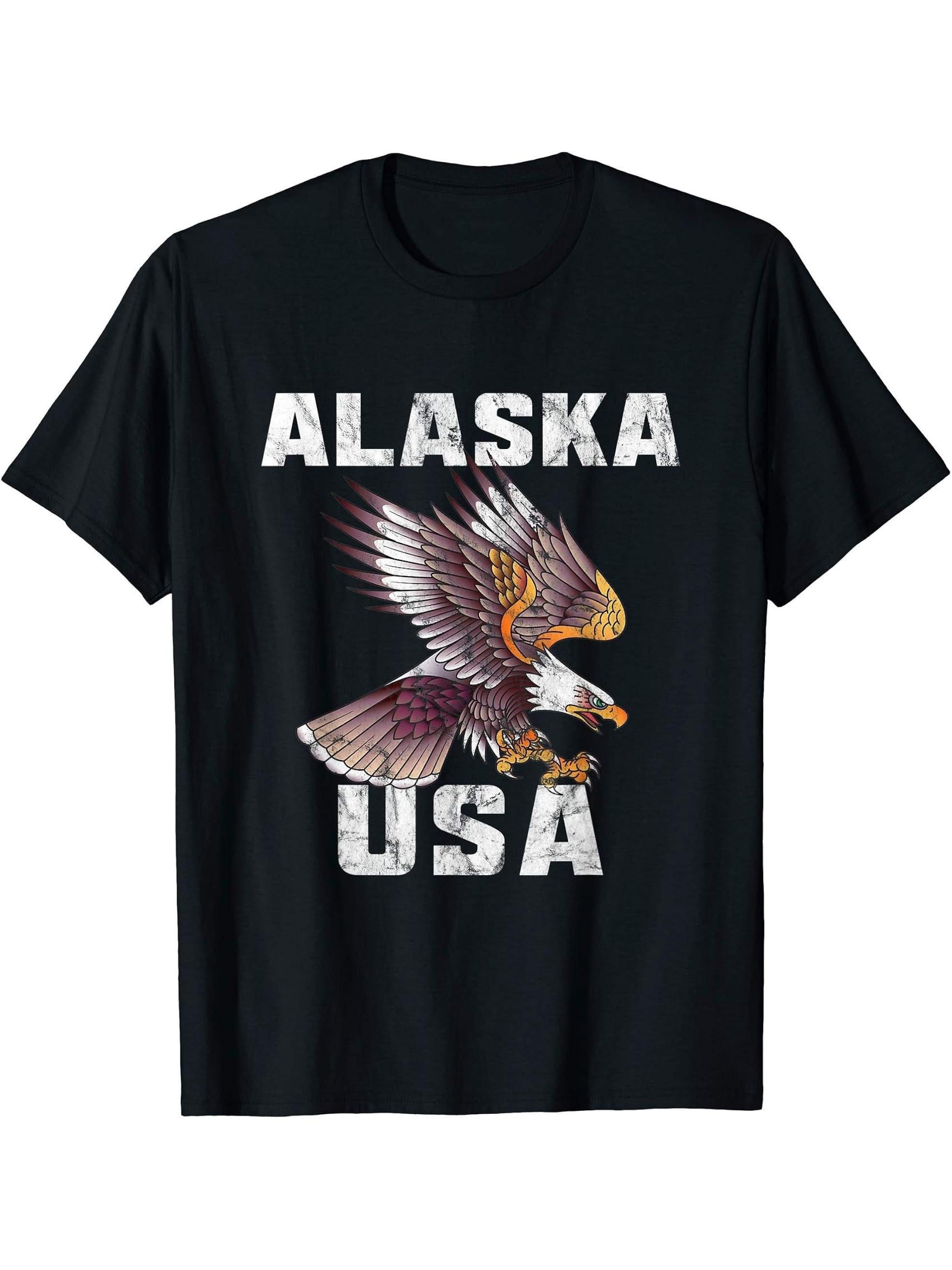 Retro Distressed Alaska USA Bald Eagle Gift T-Shirt 180G 100% Cotton Printed Round Neck Short-Sleeve T-Shirt, Gifts for Men Dad Husband Grandpa, S-XXXL, Black