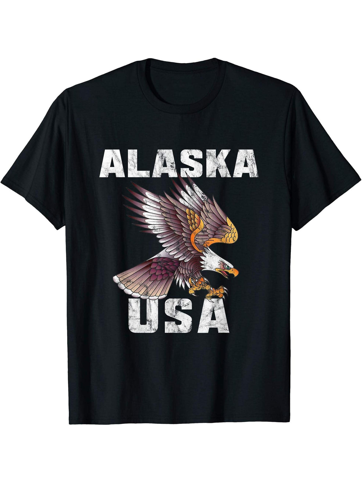 Retro Distressed Alaska USA Bald Eagle Gift T-Shirt 180G 100% Cotton Printed Round Neck Short-Sleeve T-Shirt, Gifts for Men Dad Husband Grandpa, S-XXXL, Black