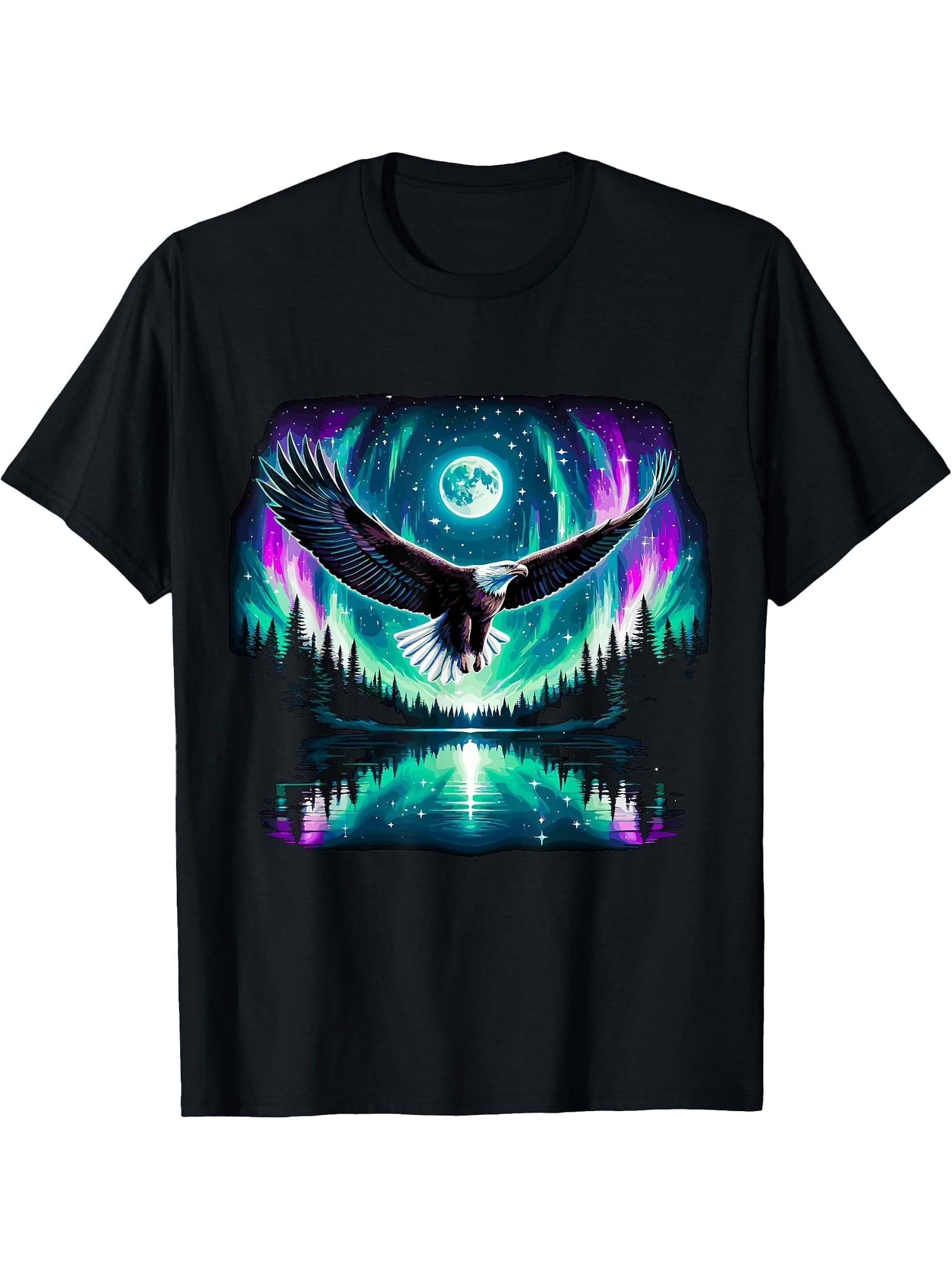 American Bald Eagle Aurora Nothern Lights Forrest T-Shirt 180G 100% Cotton Printed Round Neck Short-Sleeve T-Shirt, Gifts for Men Dad Husband Grandpa, S-XXXL, Black