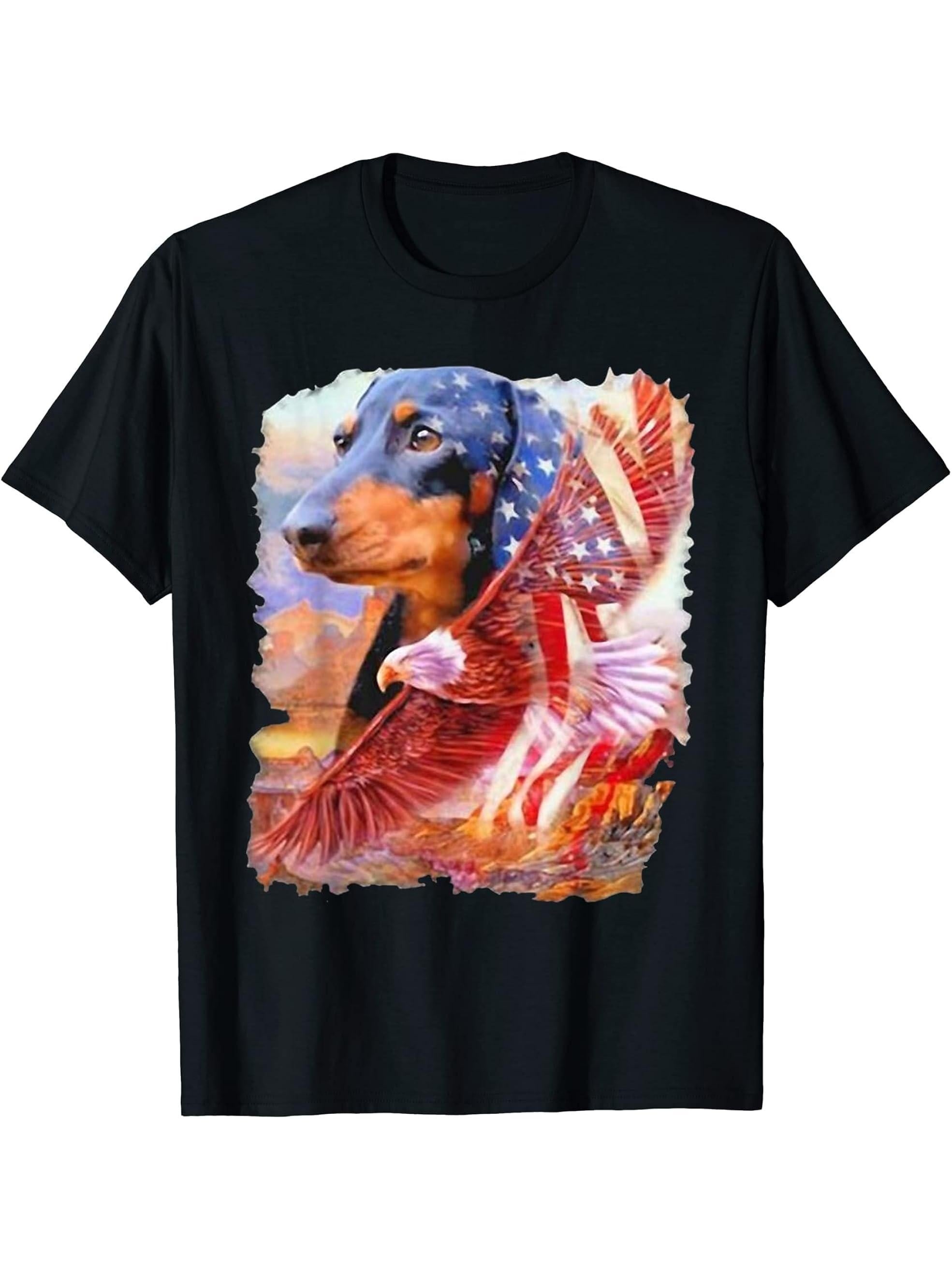 Dachshund Bald Eagle and American Flag T-Shirt 180G 100% Cotton Printed Round Neck Short-Sleeve T-Shirt, Gifts for Men Dad Husband Grandpa, S-XXXL, Black