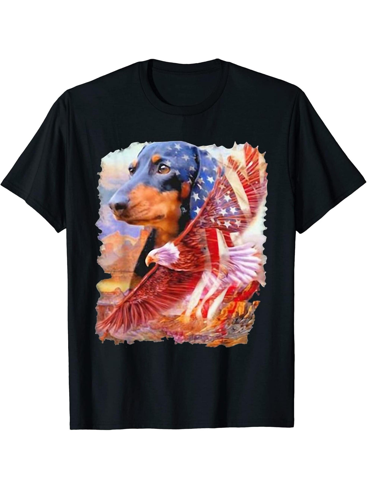 Dachshund Bald Eagle and American Flag T-Shirt 180G 100% Cotton Printed Round Neck Short-Sleeve T-Shirt, Gifts for Men Dad Husband Grandpa, S-XXXL, Black