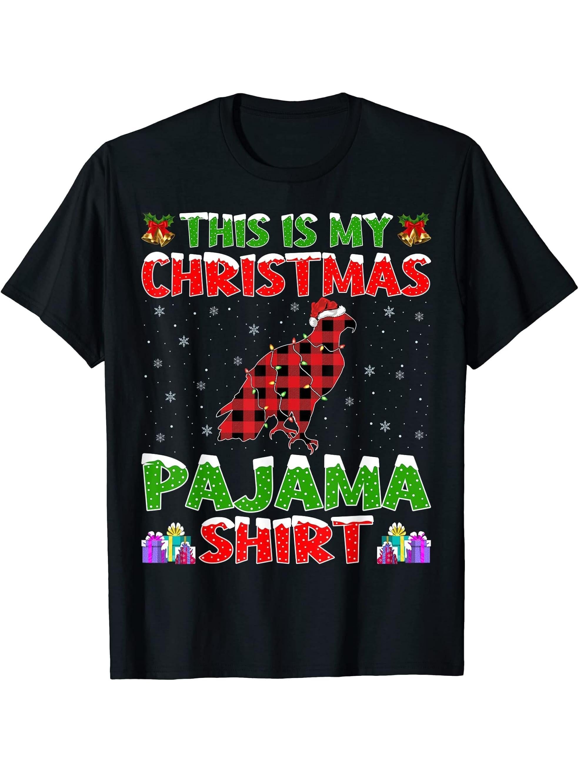 Xmas Santa Hat This Is My Bald Eagle Christmas Pajama T-Shirt 180G 100% Cotton Printed Round Neck Short-Sleeve T-Shirt, Gifts for Men Dad Husband Grandpa, S-XXXL, Black