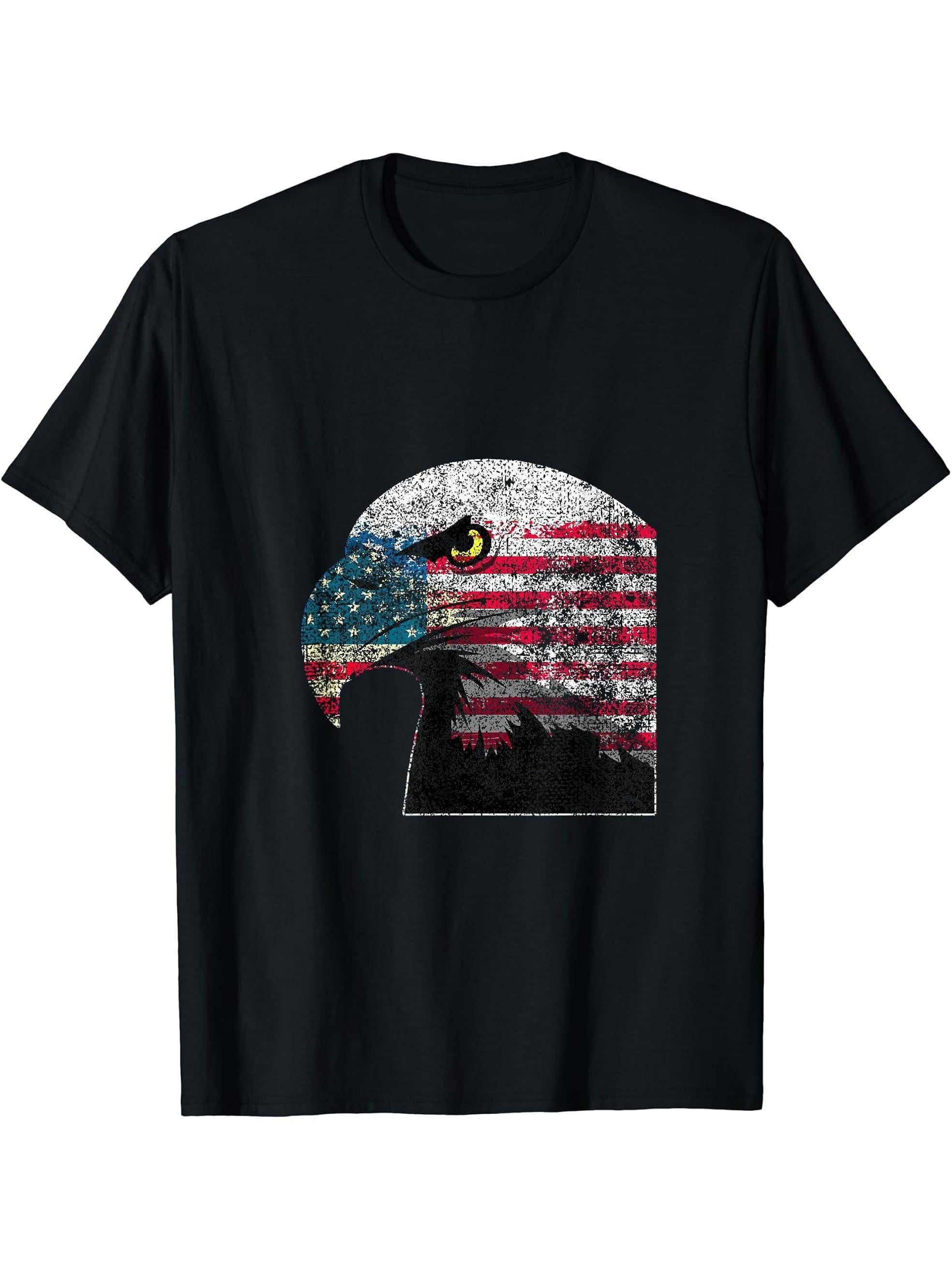 Bald Eagle American Flag T-Shirt 180G 100% Cotton Printed Round Neck Short-Sleeve T-Shirt, Gifts for Men Dad Husband Grandpa, S-XXXL, Black