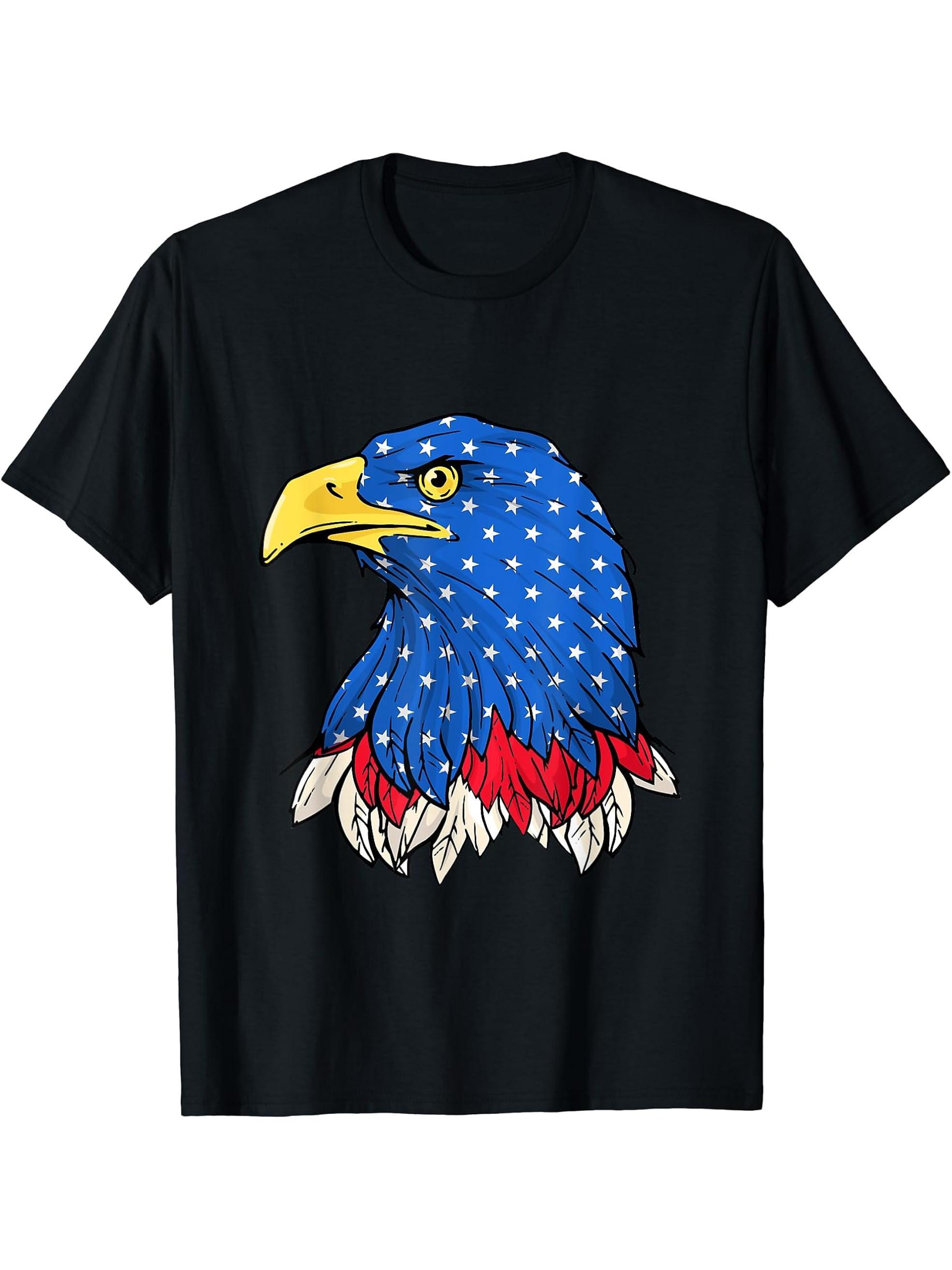 American Bald Eagle USA Flag 4th of July T-Shirt 180G 100% Cotton Printed Round Neck Short-Sleeve T-Shirt, Gifts for Men Dad Husband Grandpa, S-XXXL, Black