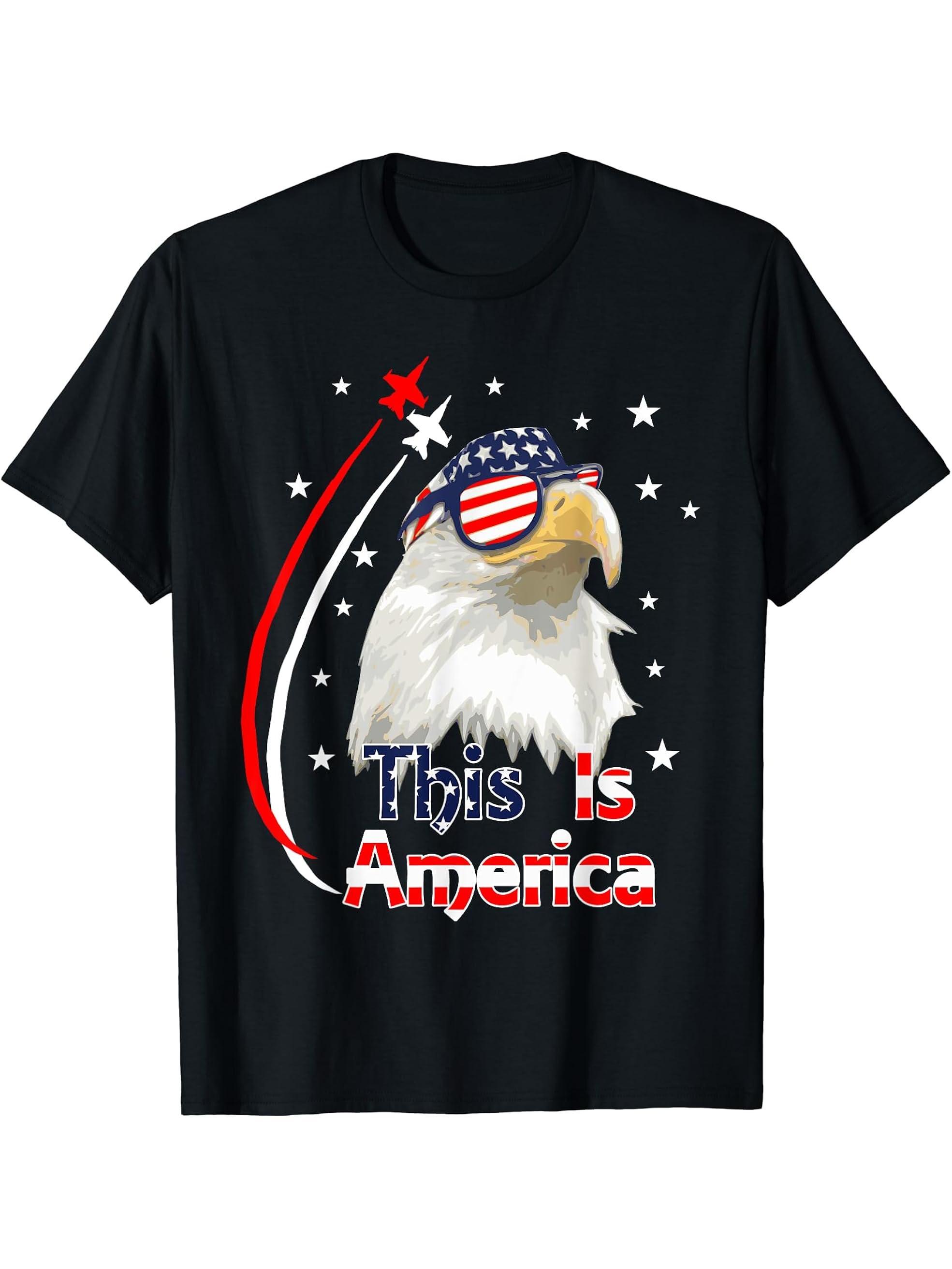 American Bald Eagle This Is America T-Shirt 180G 100% Cotton Printed Round Neck Short-Sleeve T-Shirt, Gifts for Men Dad Husband Grandpa, S-XXXL, Black