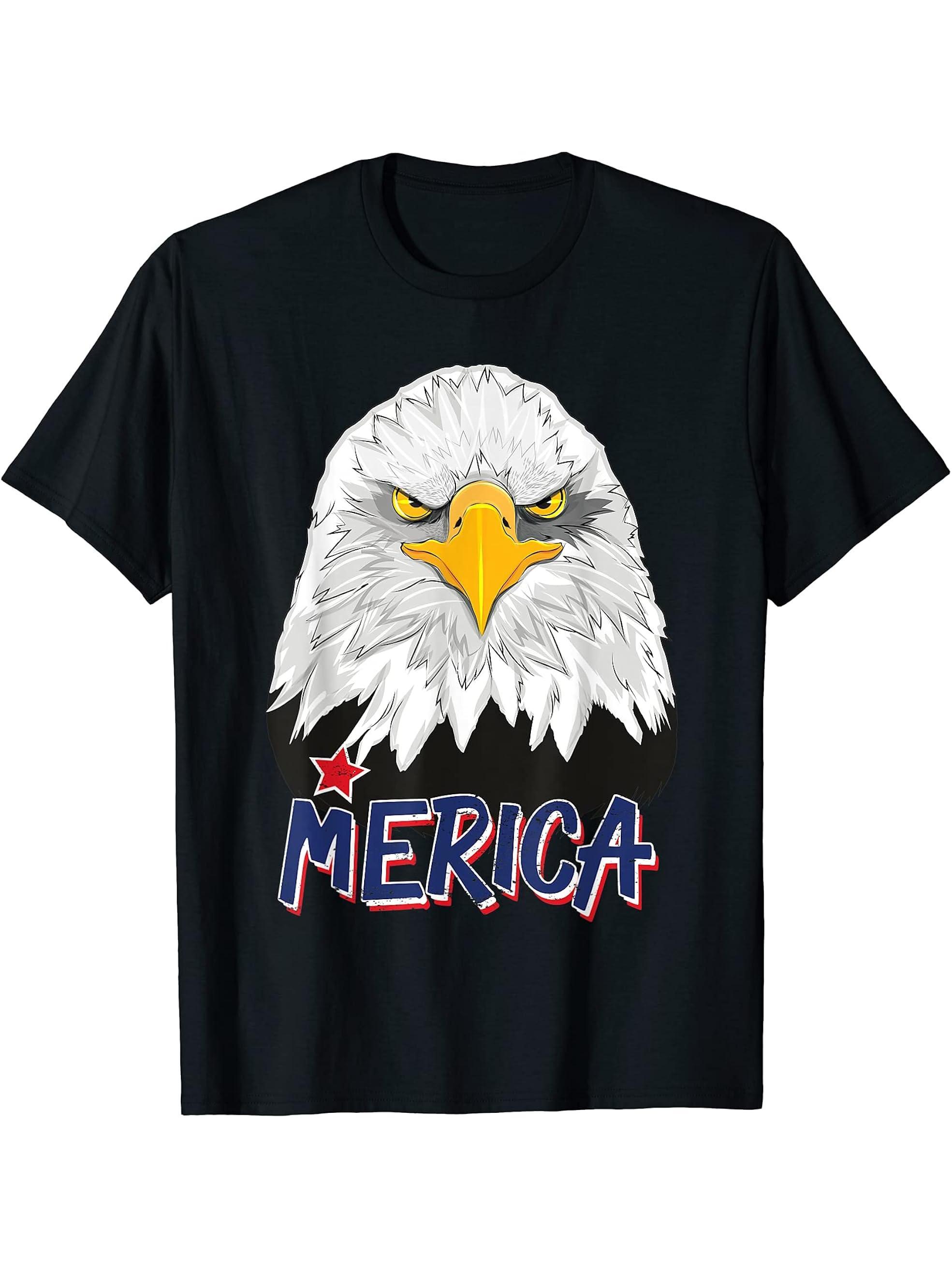 American Bald Eagle Merica Patriotic 4th Of July USA T-Shirt 180G 100% Cotton Printed Round Neck Short-Sleeve T-Shirt, Gifts for Men Dad Husband Grandpa, S-XXXL, Black