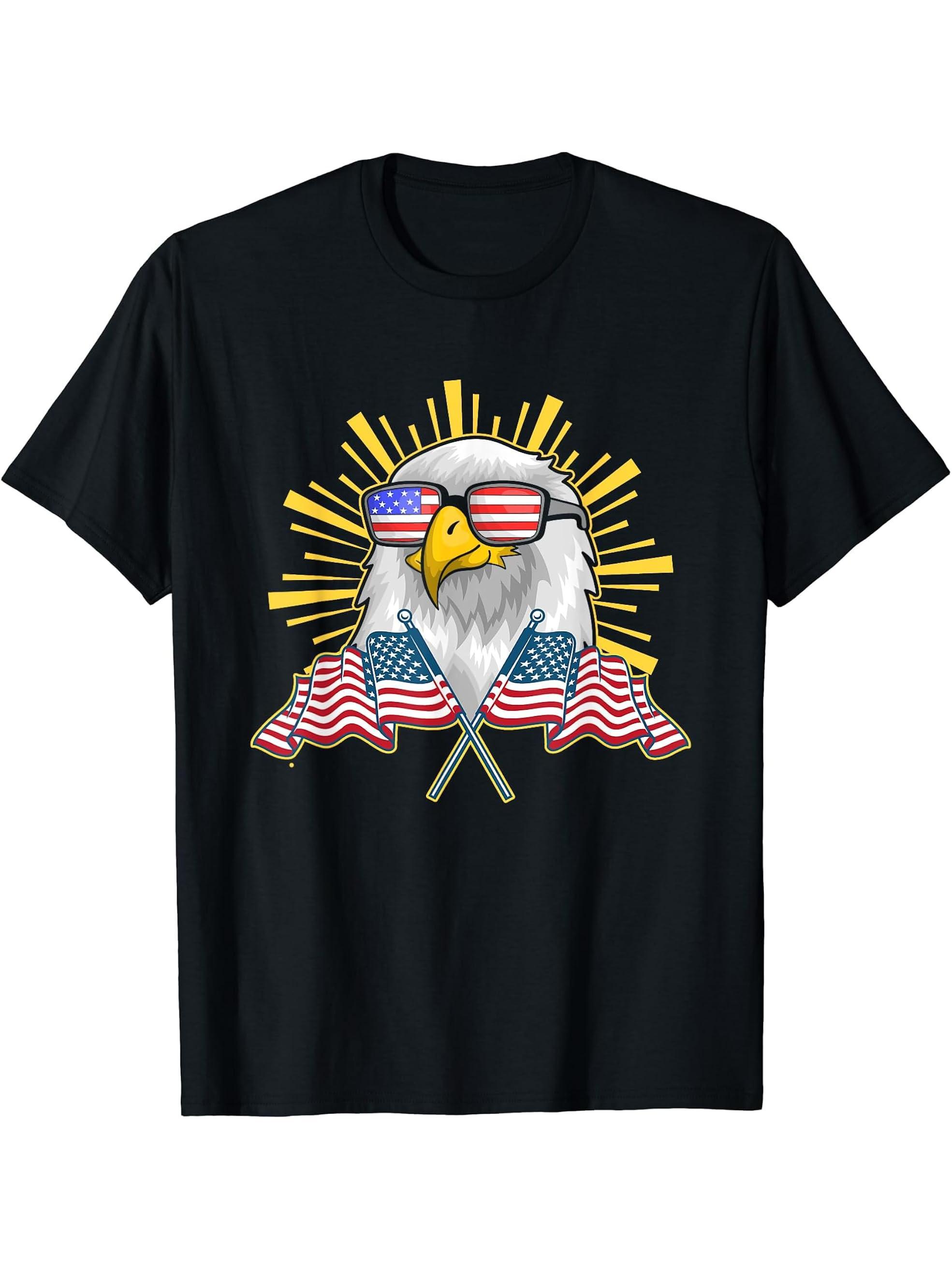 Patriotic American Bald Eagle US Flag Freedom Liberty Eagle T-Shirt 180G 100% Cotton Printed Round Neck Short-Sleeve T-Shirt, Gifts for Men Dad Husband Grandpa, S-XXXL, Black