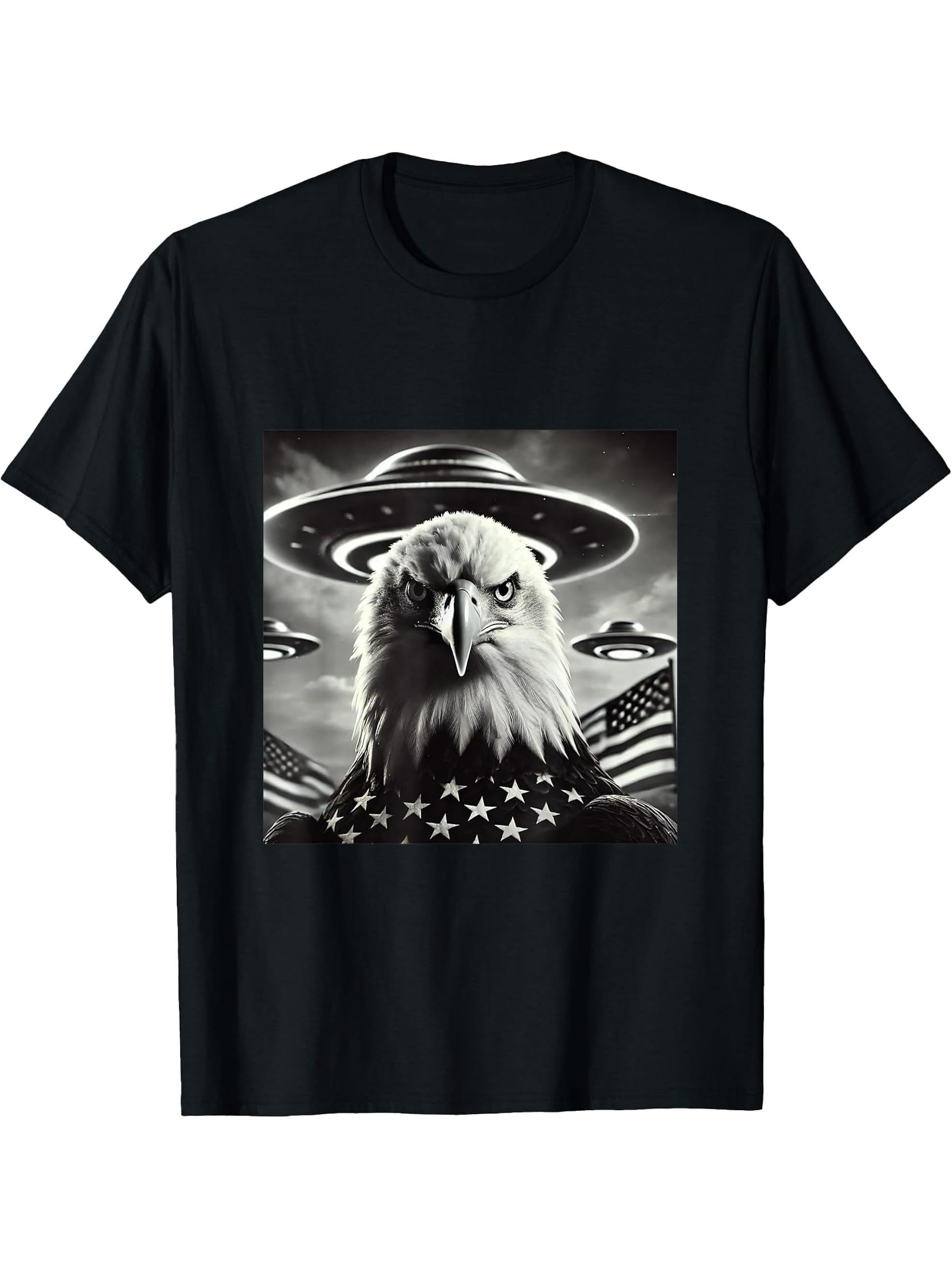 Patriotic Bald Eagle UFO Alien American Flag Black and White T-Shirt 180G 100% Cotton Printed Round Neck Short-Sleeve T-Shirt, Gifts for Men Dad Husband Grandpa, S-XXXL, Black