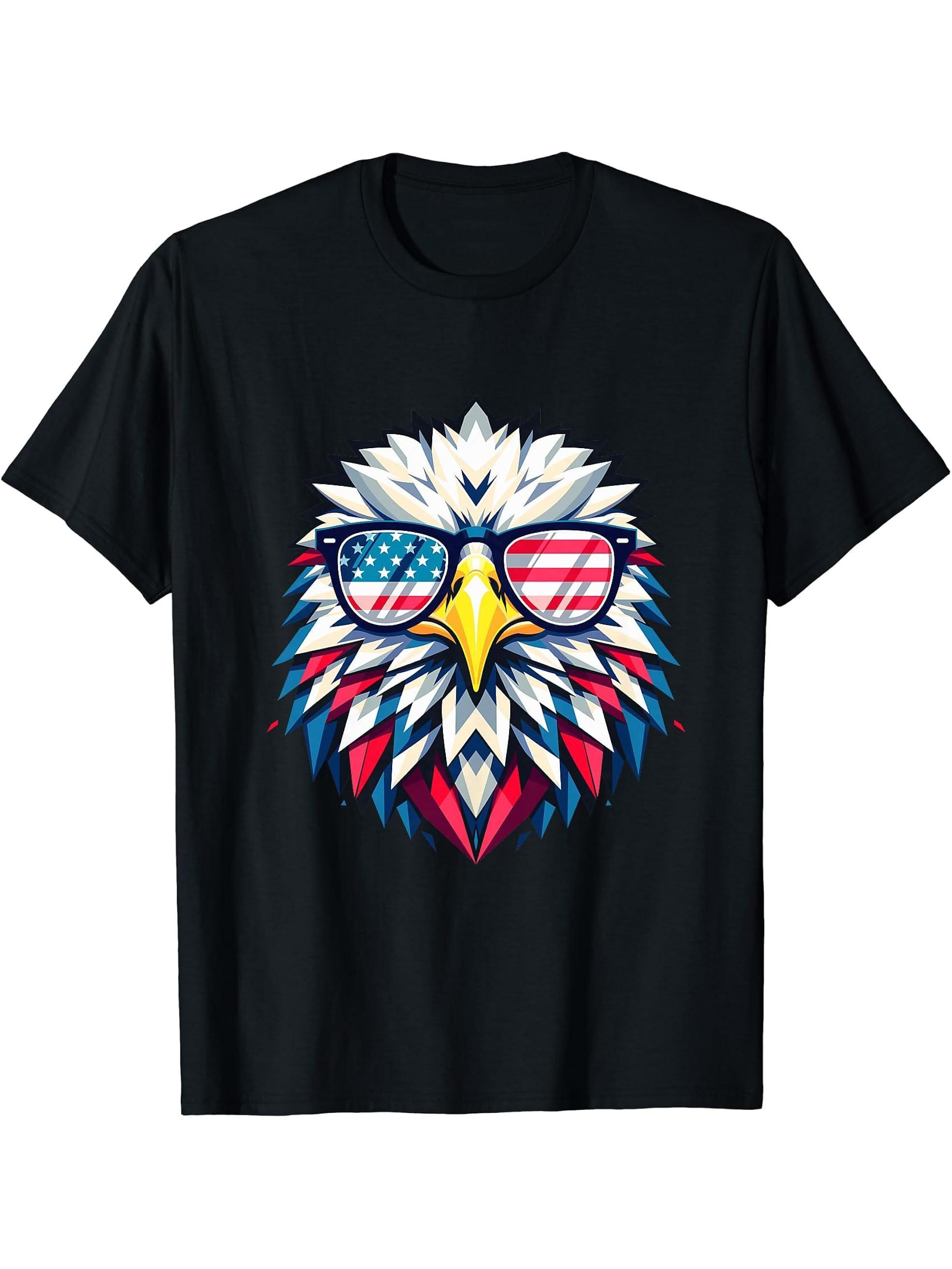 American Flag Patriotic 4th of July Bald Eagle Geometric T-Shirt 180G 100% Cotton Printed Round Neck Short-Sleeve T-Shirt, Gifts for Men Dad Husband Grandpa, S-XXXL, Black