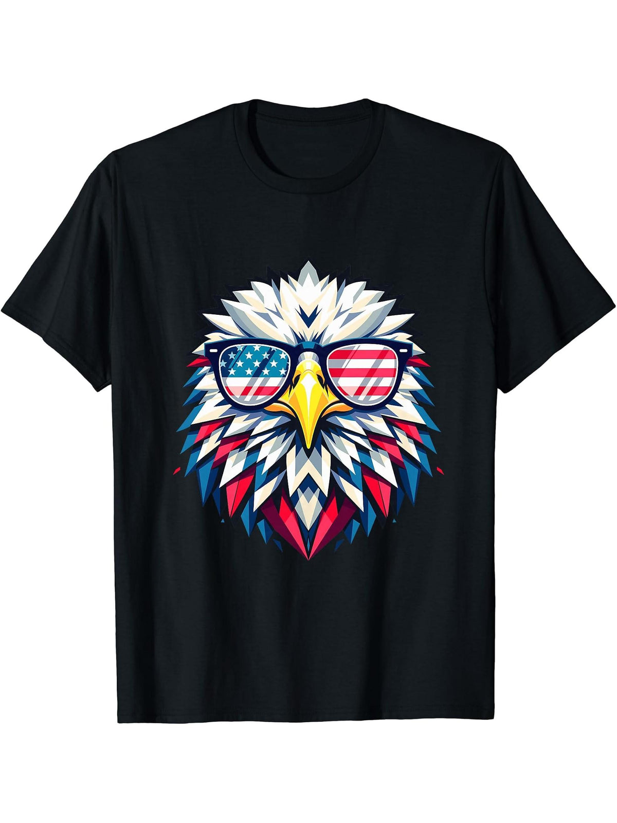 American Flag Patriotic 4th of July Bald Eagle Geometric T-Shirt 180G 100% Cotton Printed Round Neck Short-Sleeve T-Shirt, Gifts for Men Dad Husband Grandpa, S-XXXL, Black